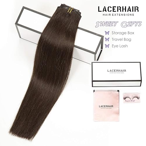 Vista 458 de Lacer Extensiones de cabello humano con clip, de doble trama, cabello brasileño de cabeza completa, color negro azabache, extensiones de cabello