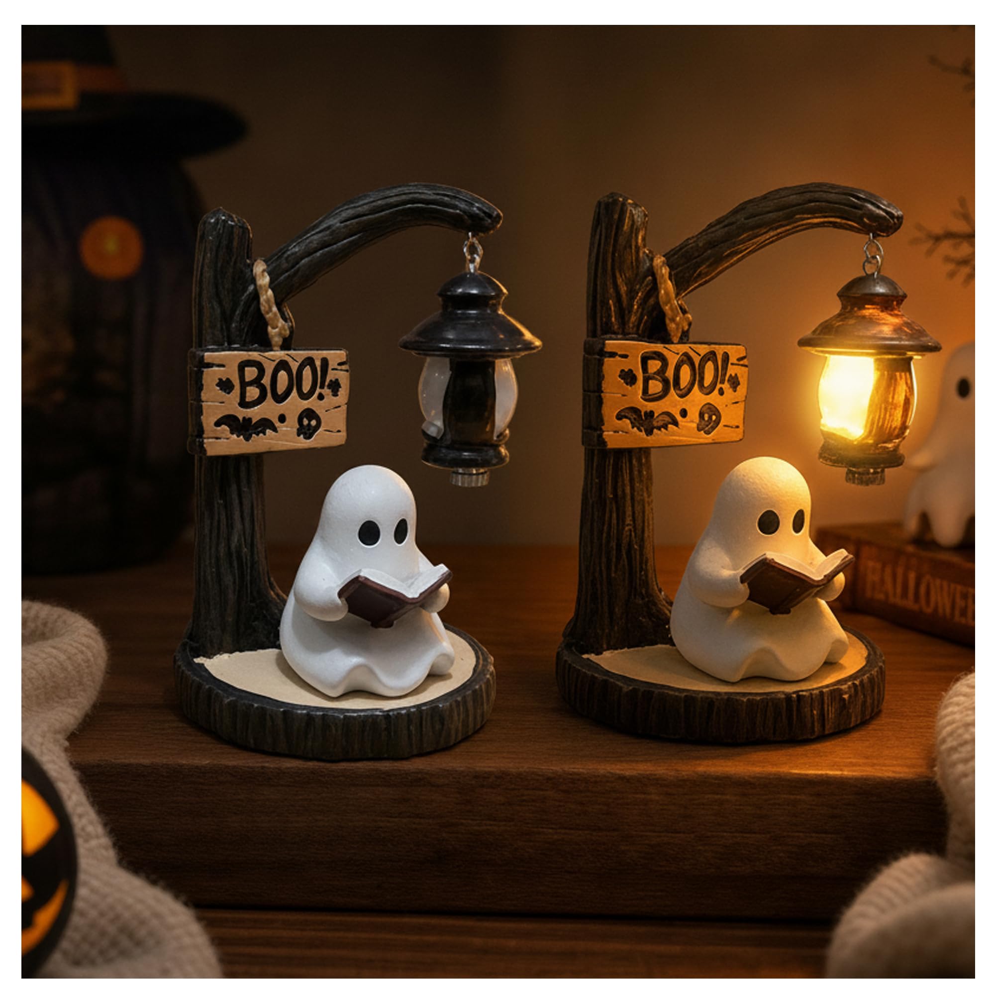Ghost Lamp — Cute Ghost Reading Book Lamp with Soft LED Night Light, 3D Dimmable Touch Control Resin Spooky Figurine for Bedside Table, USB Rechargeable Halloween Indoor Decoration