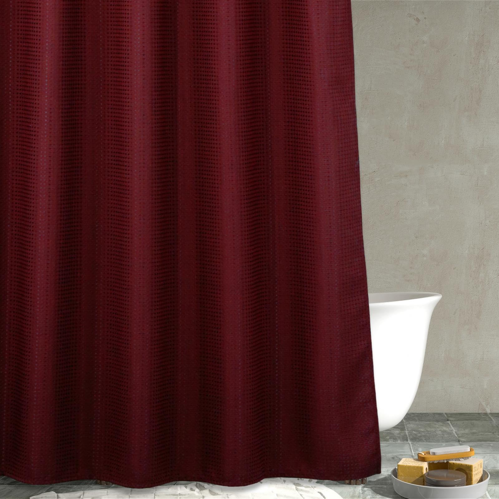Red Waffle Weave Shower Curtain: Burgundy Heavy Duty Textured Fabric Shower Curtains for Bathroom - Water Repellent Washable Thick Polyester Cloth Bath Curtain - 183 x 183 cm Drop