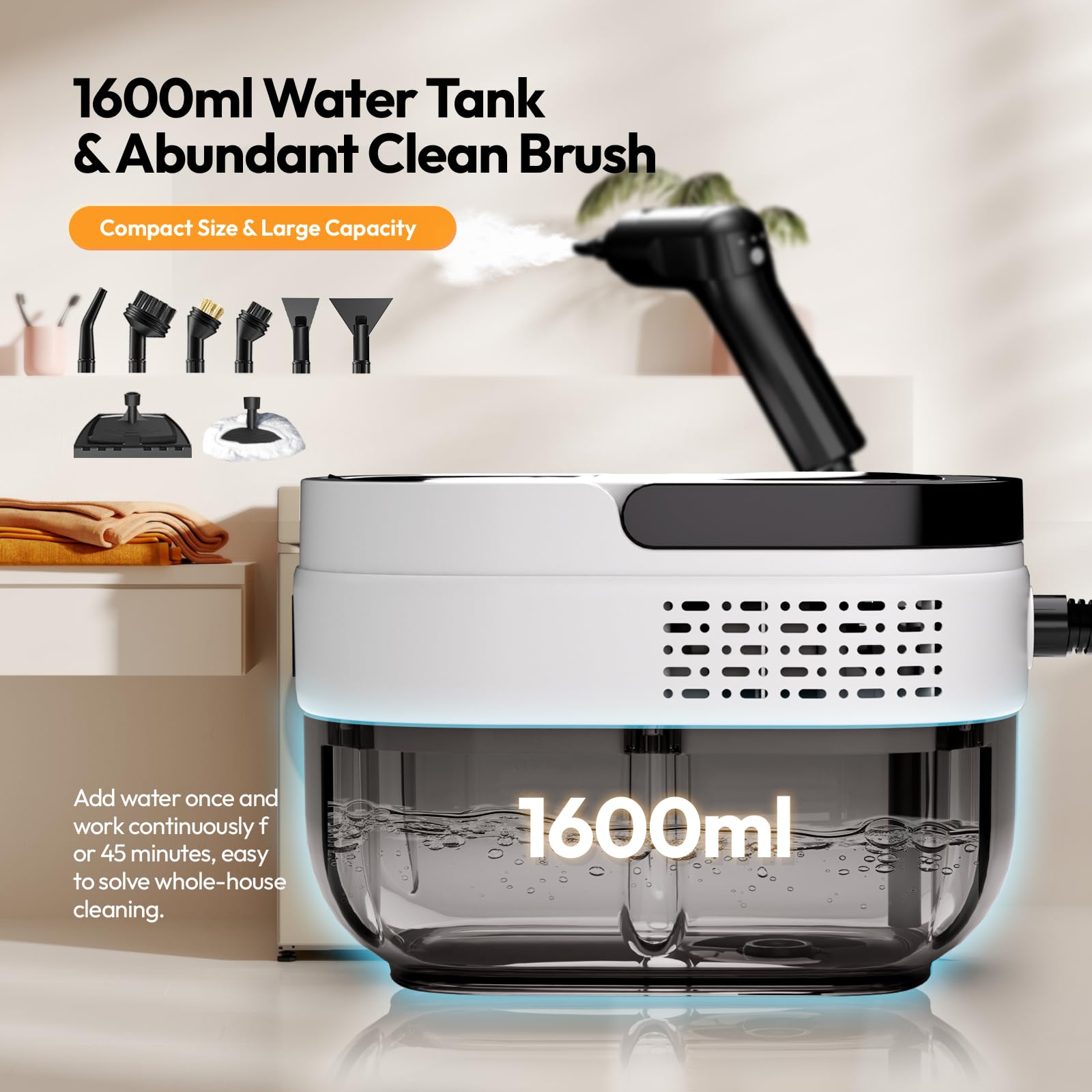 Nettoyeur Vapeur Portatif, 2500W Steam Cleaner pour La Maison, Multi-usage Nettoyant Vapeur, Poignée Réglable 3 Niveaux, 1600ML Réservoir d'eau, Nettoyeur à vapeur portable pour Fenêtres, Cuisine, Sol