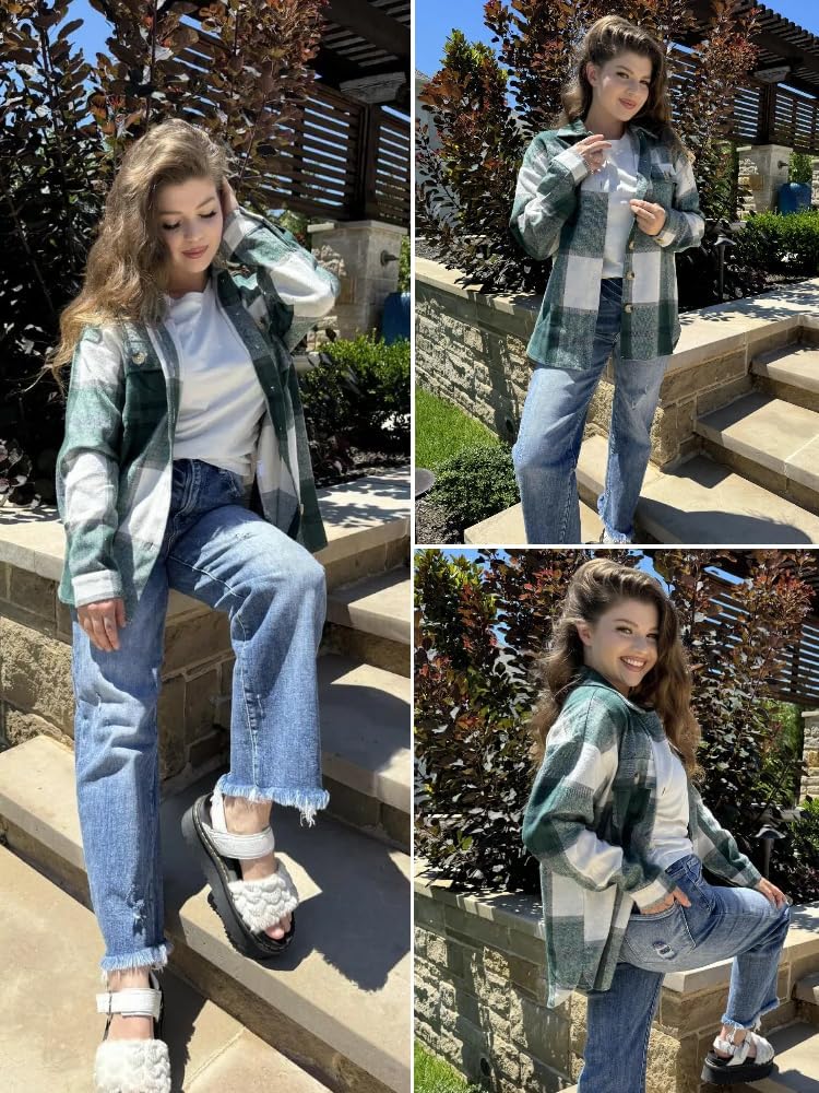 HOTOUCH Womens Flannel Plaid Shacket Jacket Button Down Tartan Trench with Pocket Long Sleeve Cropped Fashion Coat S-XXL - Image 5