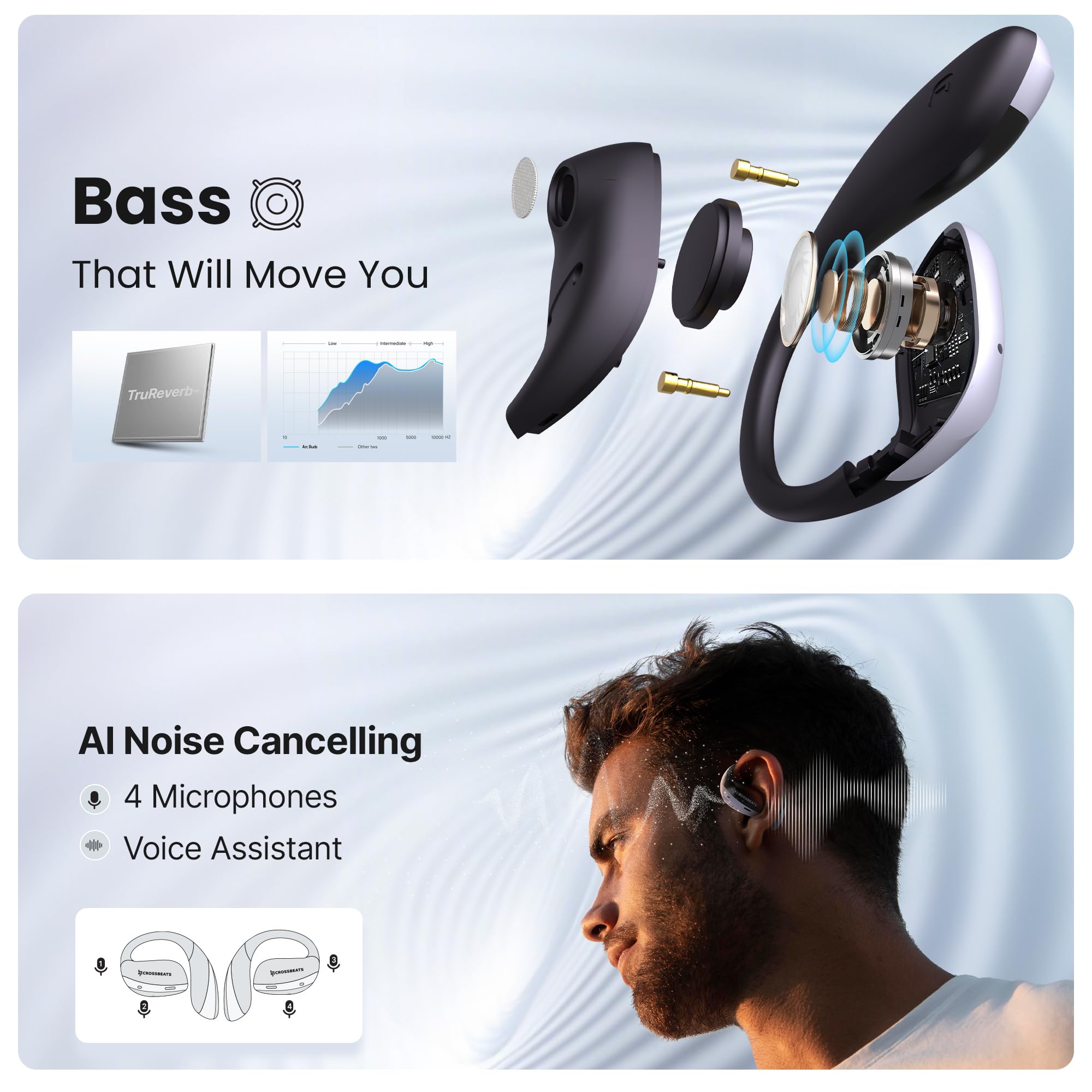 CrossBeats Arc Buds OWS Open Ear Wireless Earbuds | Spatial Audio Headphones & Head Tracking | Gaming Bluetooth Earphones | 100hr Playtime | 14.2mm Drivers IPX5 Rating Type-c Fast Charging (Black) 3