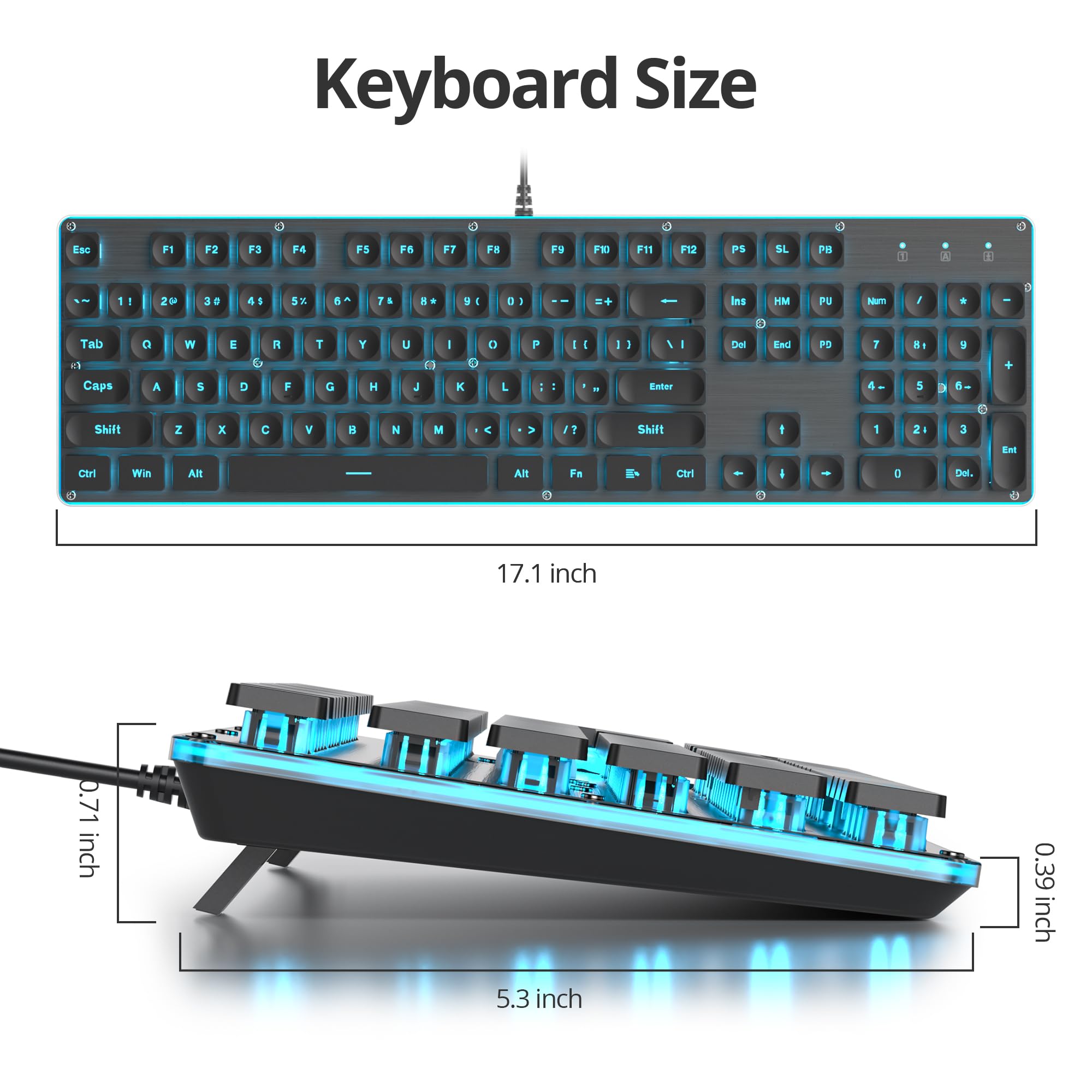 Tastiera per macchina da scrivere, 104 tasti, nera, quadrata, stile punk, tastiera da gaming, retroilluminata a LED, con cavo USB, adatta per PC/Win/Mac/laptop (G1000/Nera)