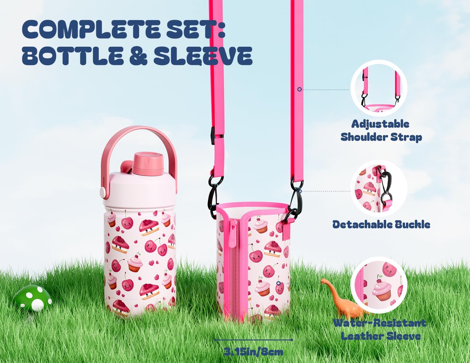 12 oz Insulated Water Bottle for Kids: 2-in-1 Straw Spout Lid, Spill-proof, BPA-Free, Easy Clean, Keep Cold 24H, Cute Patterns, Stainless Steel Cup for School, Travel, Holiday Gift (Cherry Yum Yum) - Image 3