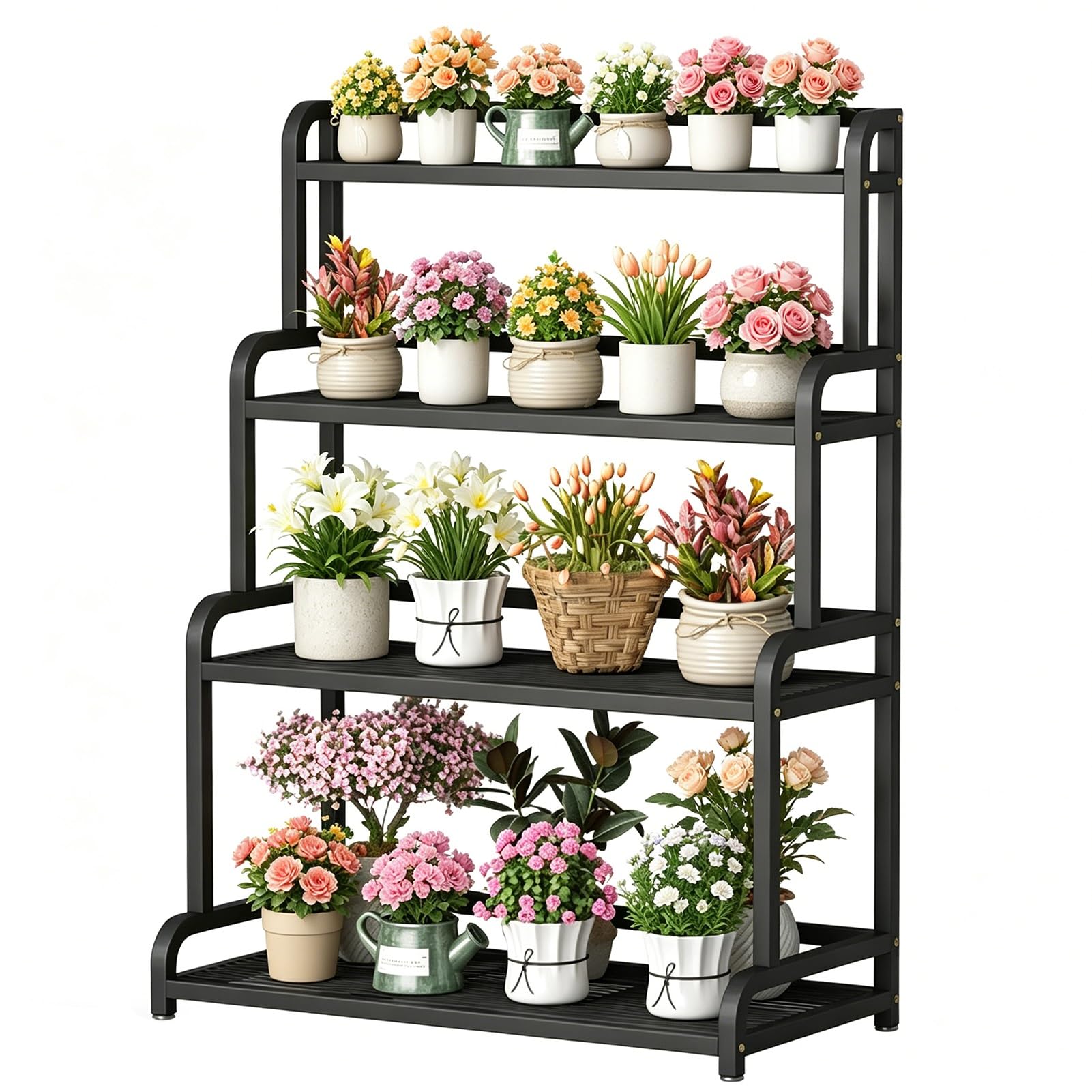 DMCHENGMA 4-Tier Black Metal Ladder Plant Stand | Heavy-Duty Wrought Iron Flower Pot Display Shelf for Indoor, Outdoor, Garden & Balcony(50x50x135cm)