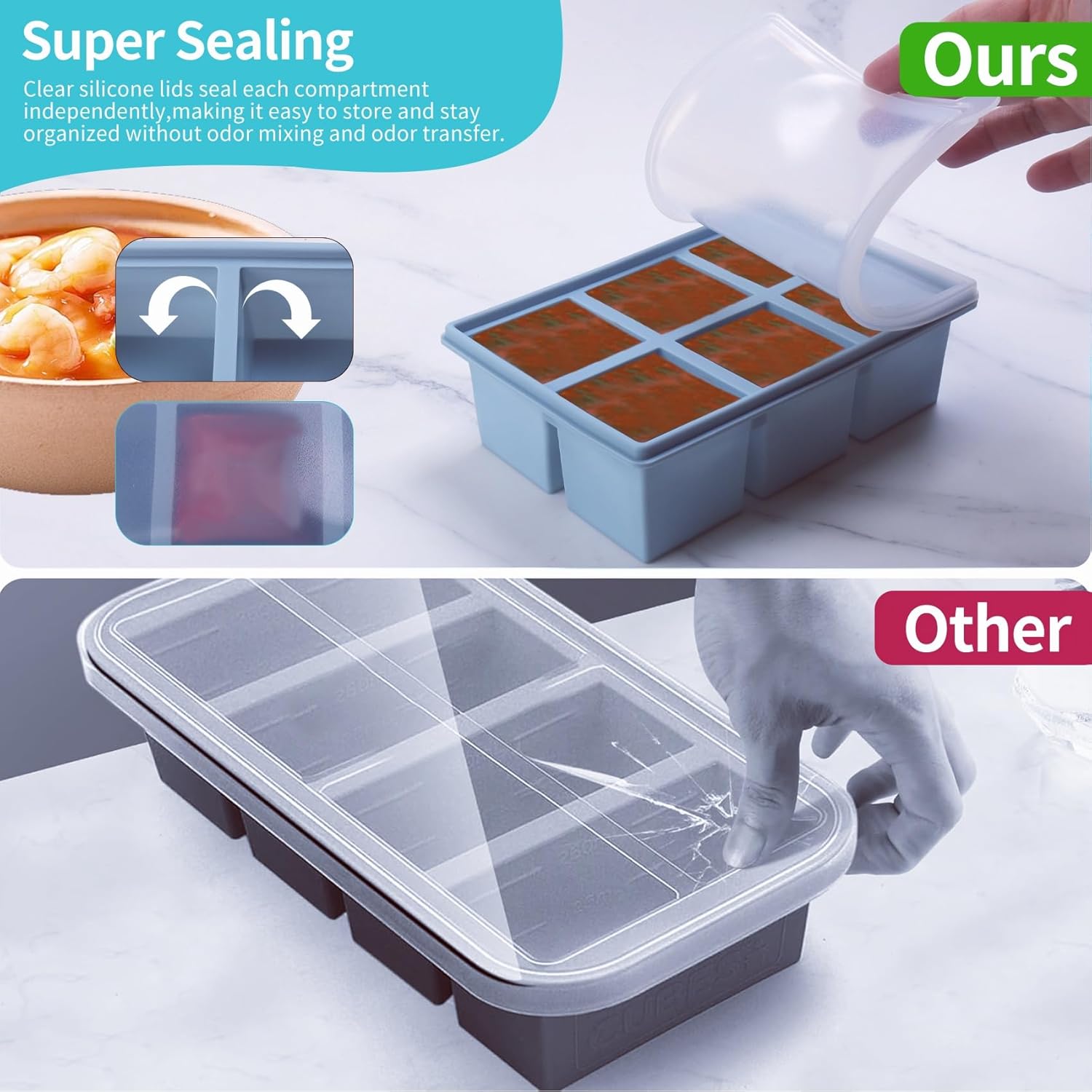 1/2 Cup Silicone Freezer Molds with Lid, 4-Pack Silicone Freezer Trays for Soup, Sauce & Broth – Meal Prep Containers, Large Ice Cube Tray, Oven & Dishwasher Safe (Blue 4 Pack)