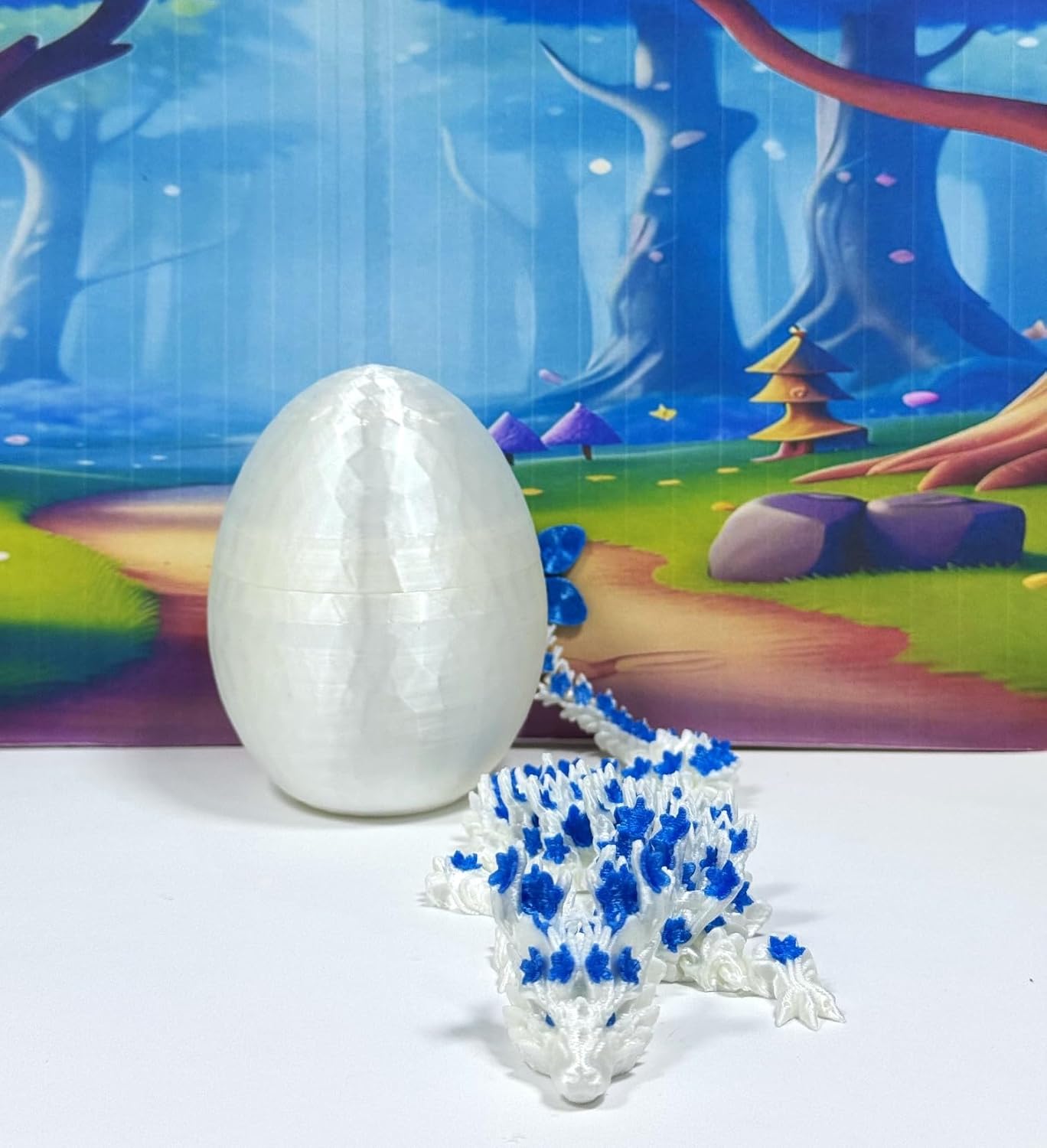Articulated Dragon, 12" 3D Printed White and Blue Cherry Blossom Dragon, Fidget Toy Executive Desk Toy D017-WB-DR