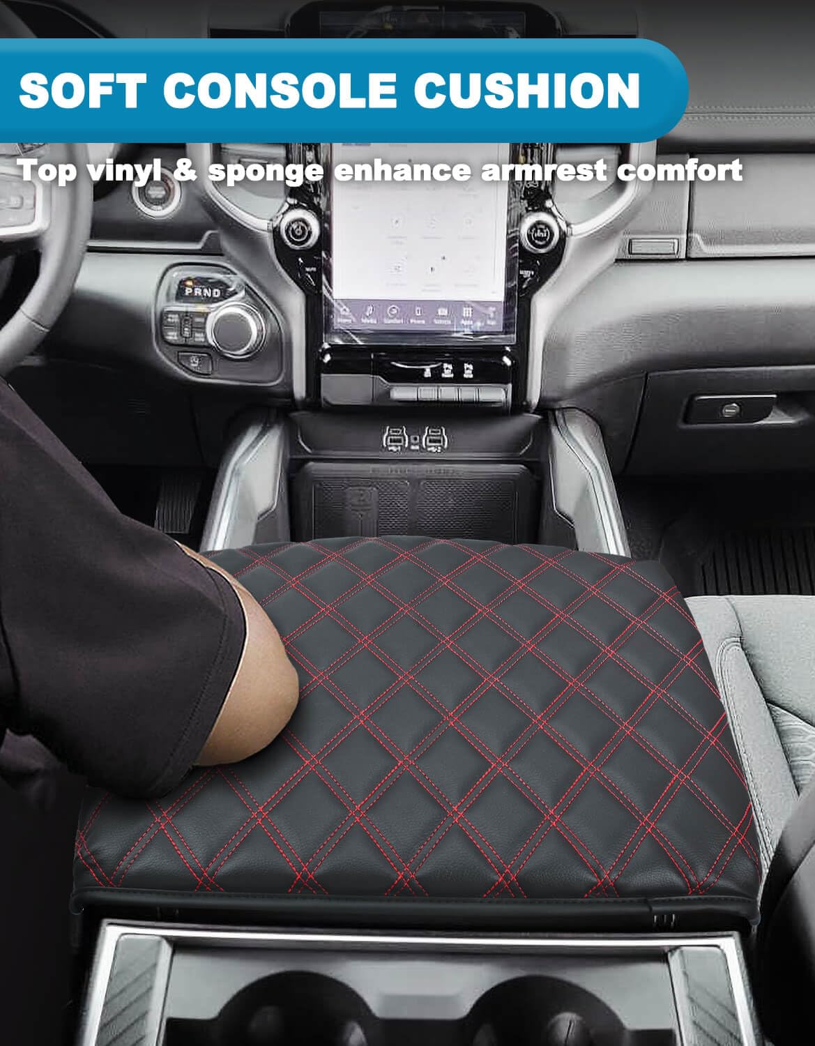 Center Console Cover for Dodge Ram 1500 2019-2026 Bucket Seat Vinyl Leather Interior Accessories Car Armrest Cushion Pad — view 4