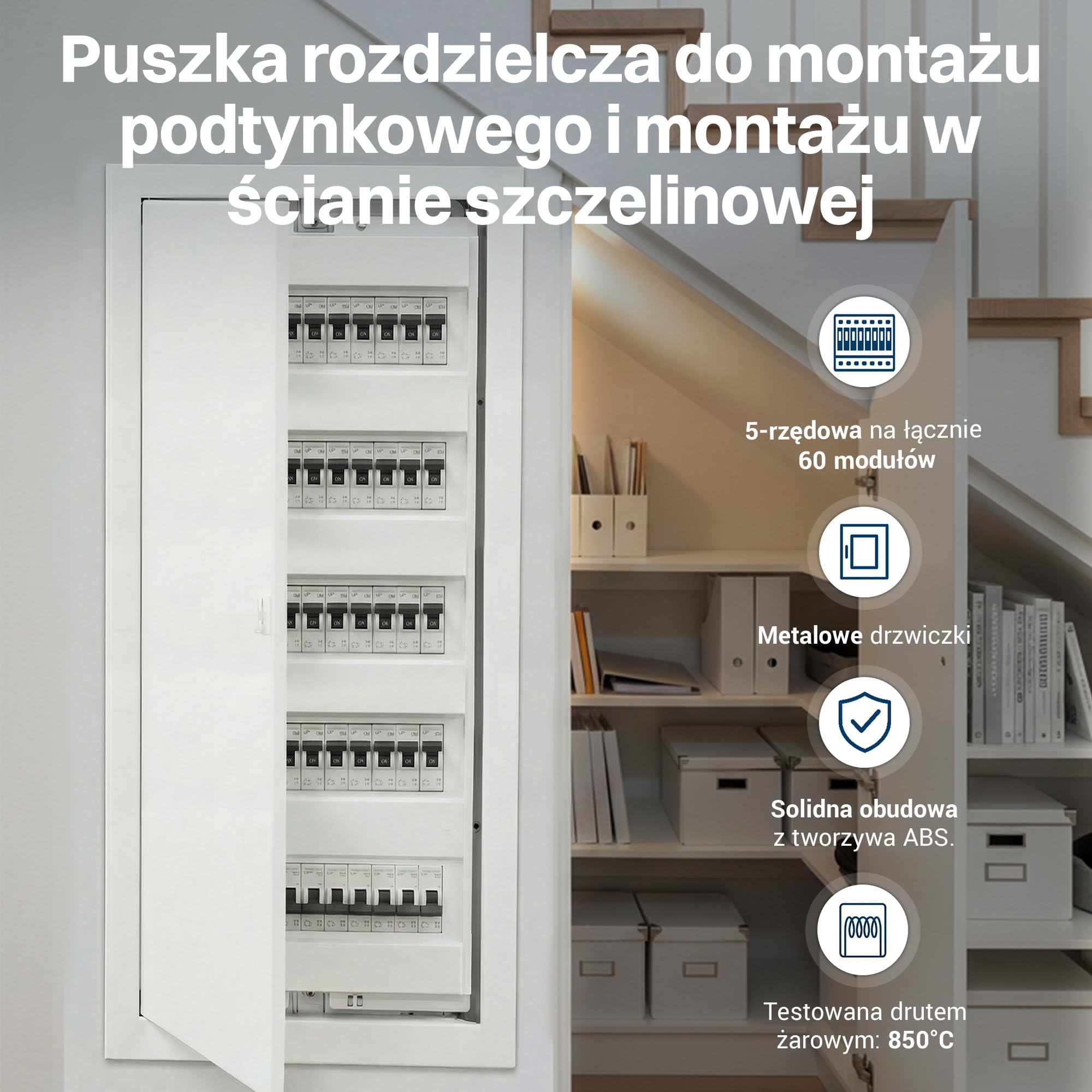 Intratec Rozdzielnica Podtynkowa 5-Rzędowa – Skrzynka Elektryczna IP40 na 60 Modułów z Białymi Drzwiami Metalowymi i Szyną DIN do Instalacji Wewnętrznych w Budynkach – 346 x 94 x 842mm