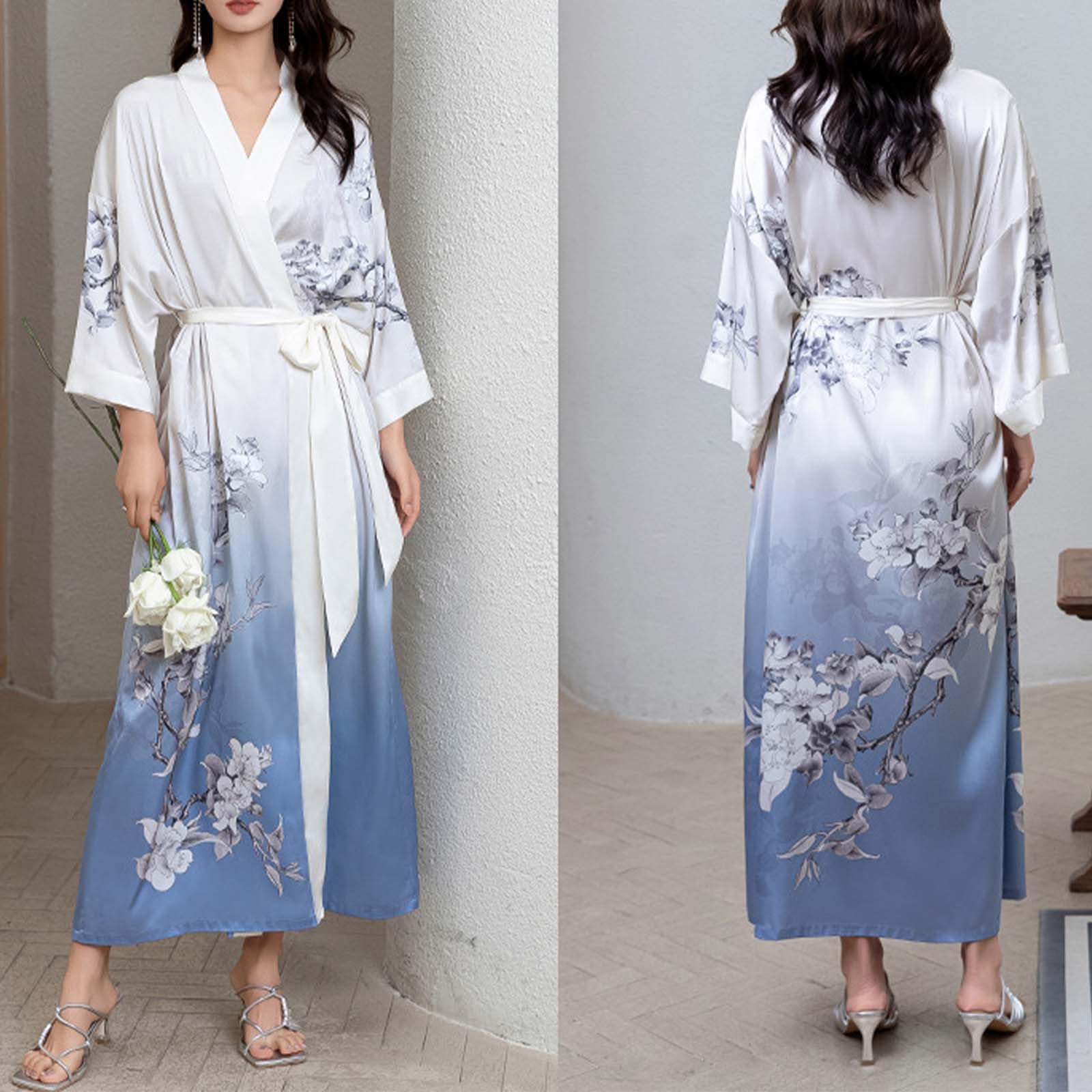 Generisch Lussuoso kimono da donna in raso con motivo floreale e maniche a 3/4, accappatoio, biancheria da notte