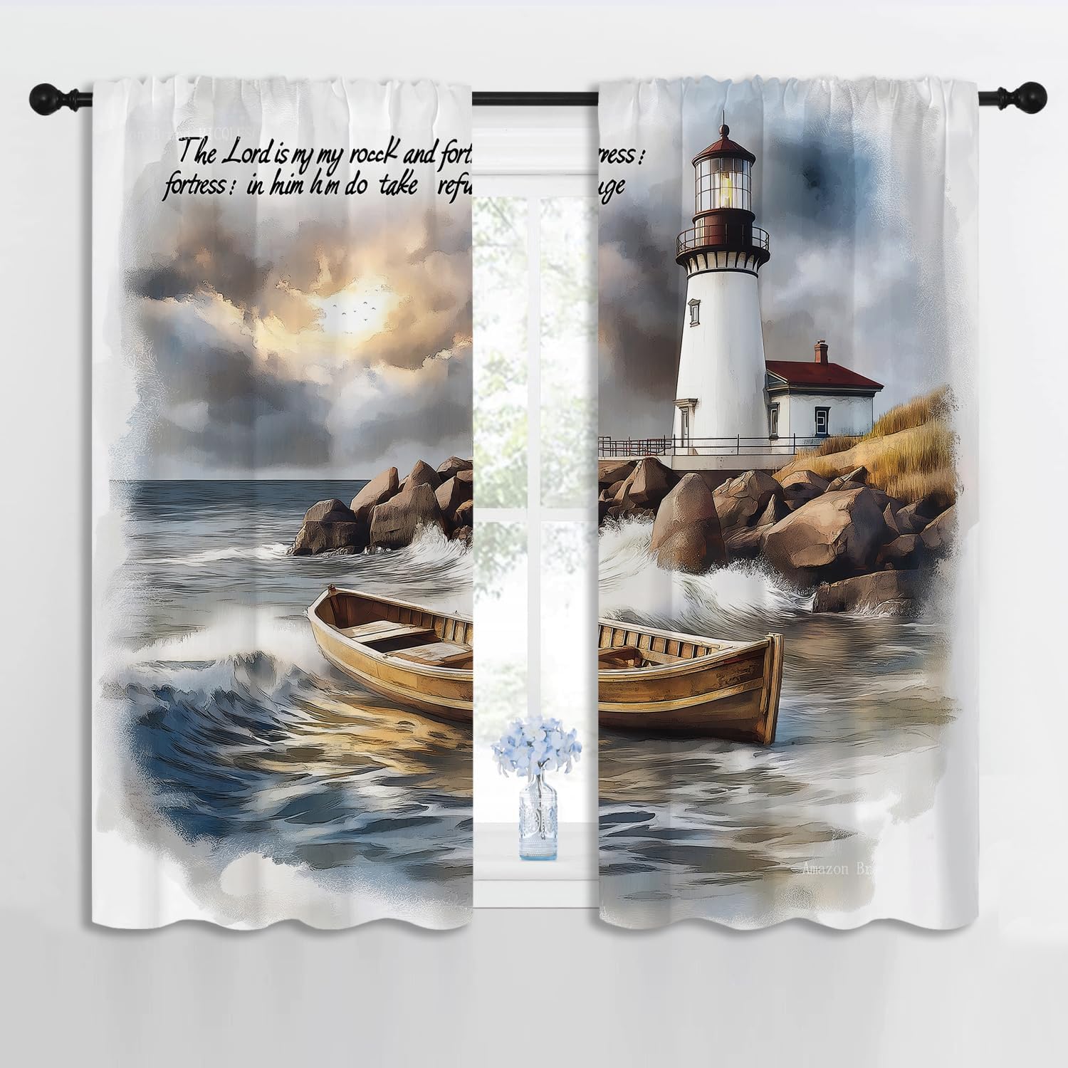Ocean Lighthouse Boy Girls Blackout Curtains,Nautical Seascape Bible Verse Inspirational Motivational Quote, 2 Panel Rod Pocket Thermal Insulated Drapes for Bedroom, Living, Kids Room Deco 42x63 inch