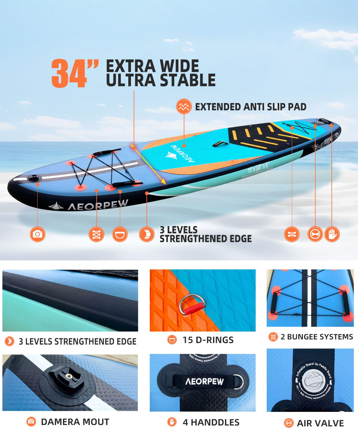 Tabla de remo inflable de 34 pulgadas de ancho para mujer con accesorios de tablas de remo de primera calidad, remo Adj SUP, mochila de 100 L, adecuada para tablas de SUP versátiles de todos
