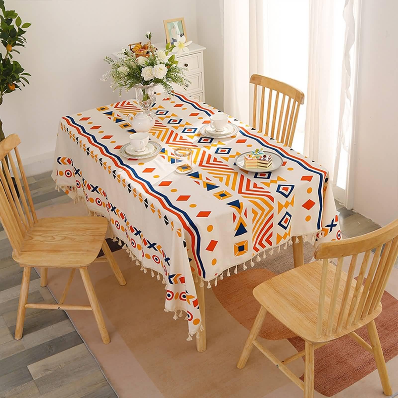 Mantel Rectangular Naranja Azul para Mesa, Patrón de Geométrico con Borlas, de Poliéster Fácil de Limpiar, 140 x 300 cm, Mantel para Banquetes