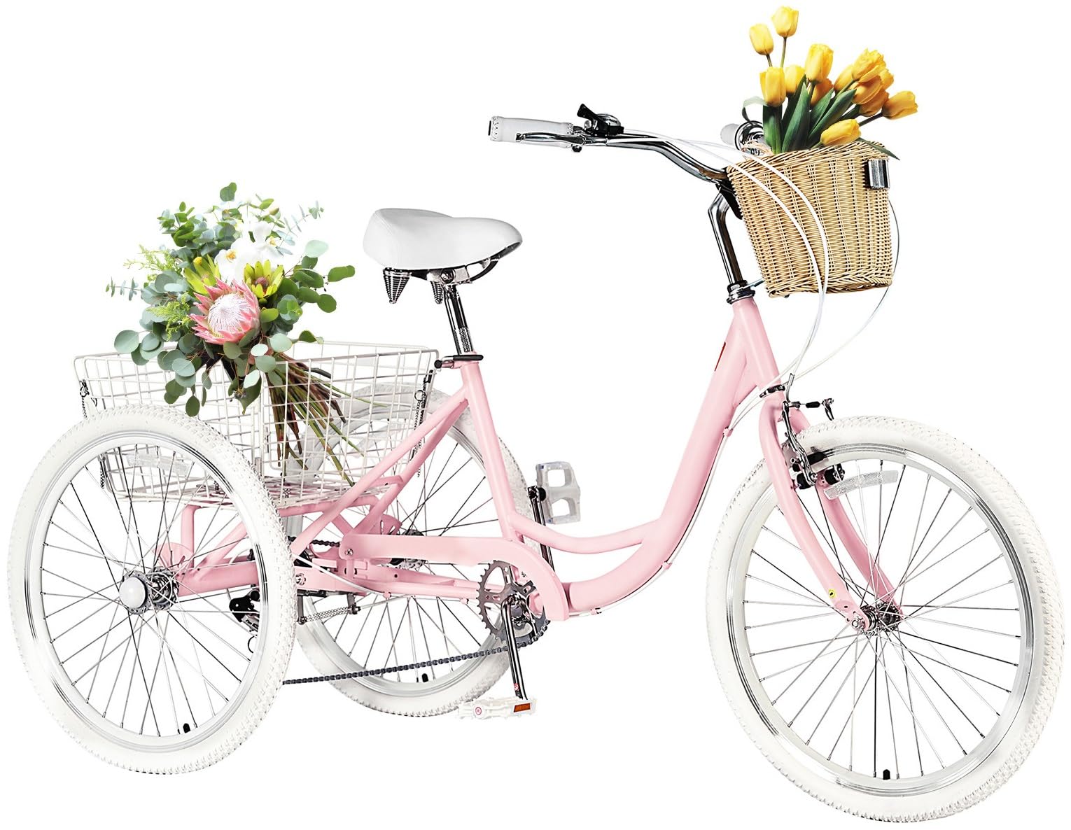 Adult Tricycles for Adults, 7 Speed Adult Trikes, 20/24/26 inch 3 Wheel Bike with Basket, Three-Wheeled Cruiser Bicycles for Women and Men, Without Fenders