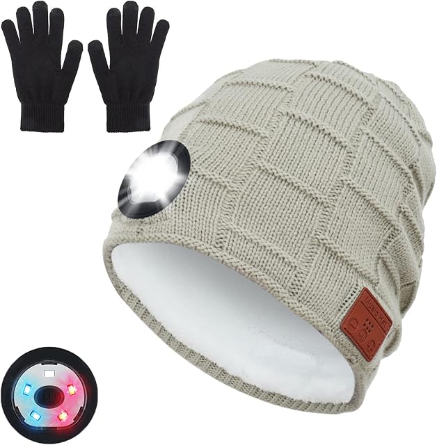Achort Wireless Bluetooth 5.0 Music Hat with SOS LED Headlight and Gloves Unisex Musical Knitted USB Rechargeable Cap Hands Free Christmas Winter Beanie Washable for Men Women Running Skiing
