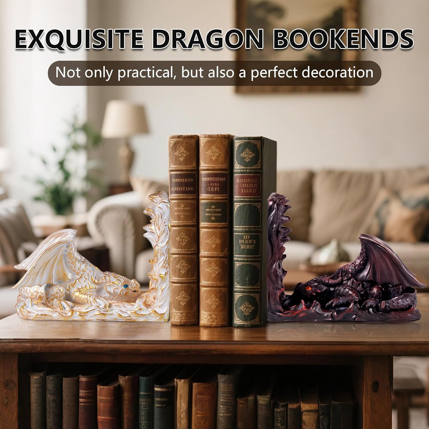 Vintage Gothic Dragon Bookends, Decorative Dragon Book Ends, Unique Fantasy Bookends for Heavy Books, Animal Fantasy Dragon Statues, Dragon Bookshelf Decor for Home Office Desk (Red) - Image 4