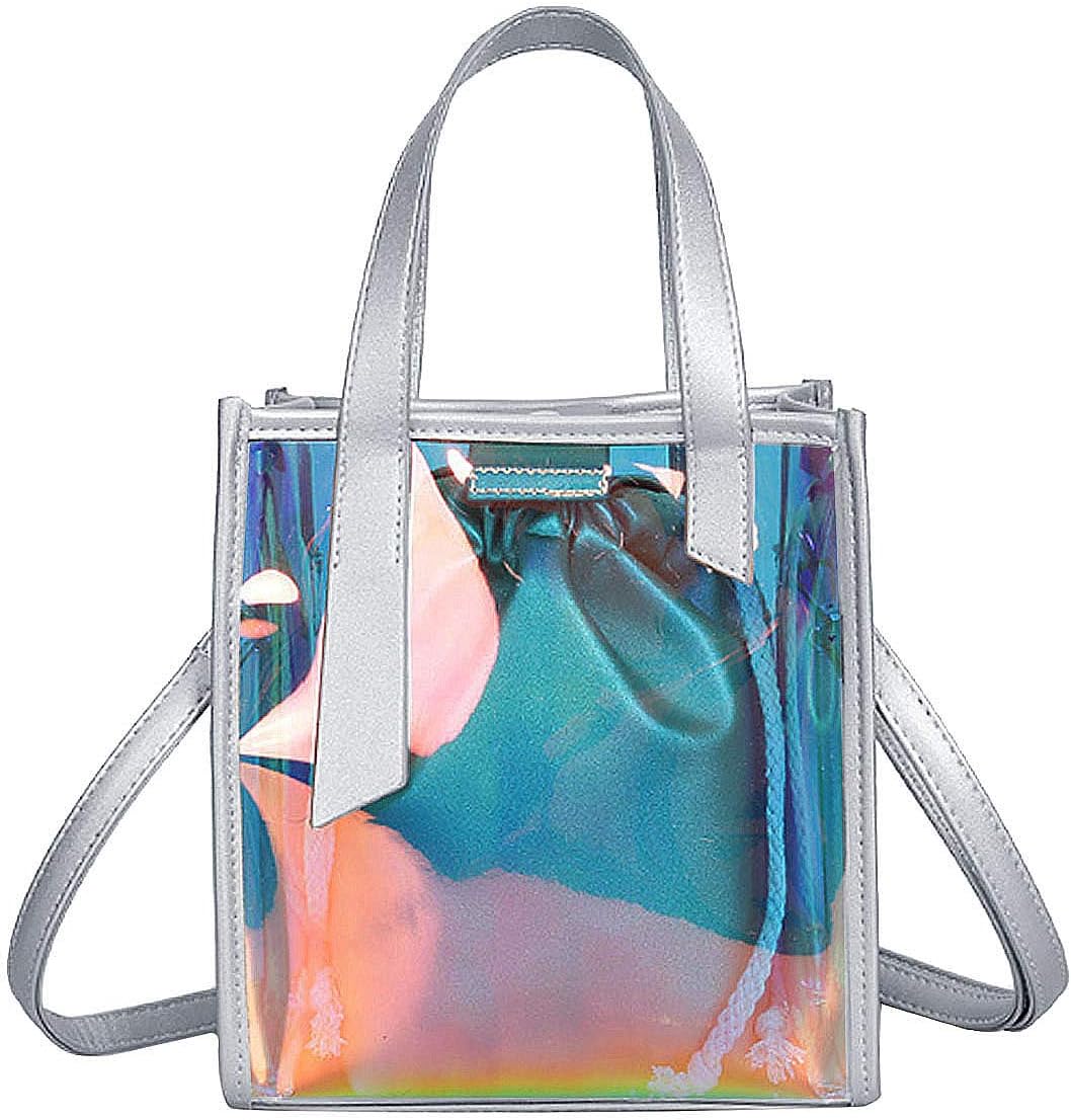 Queena Shiny Holographic Handbag 2 in 1 Tote Purse Hologram Rainbow Shoulder Bag Silver