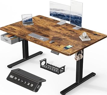 Devoko 140x80cm Electric Standing Desk with Drawer&Hooks Height Adjustable Standing Desk with Memory Smart Panel Upgraded Stable Steel Frame with Wider Desktop for Home Office,Rustic Brown
