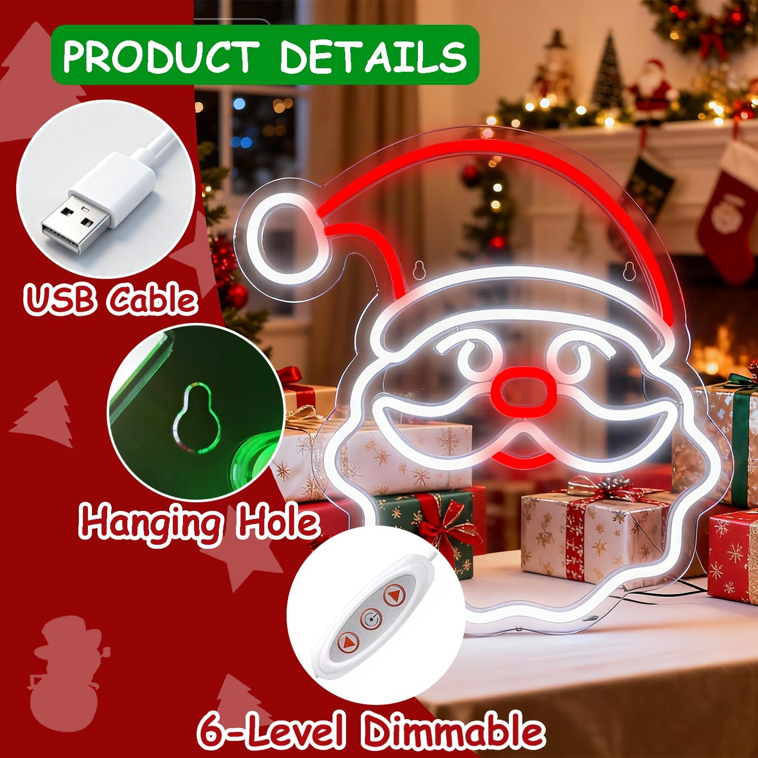 Christmas Home Decor Santa Claus Neon Sign Led Neon Christmas Lights Ornaments Tree Decorations Outdoor Neon Signs for Wall Decor USB Powered Led Neon Signs for Room Decoration