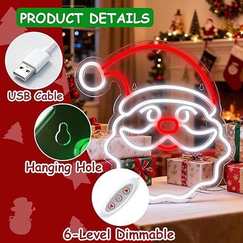 Miniatura 2 de Letrero de neón con luces LED de neón de Papá Noel, decoración de árbol de Navidad, letreros de neón para decoración de pared, alimentados por USB,