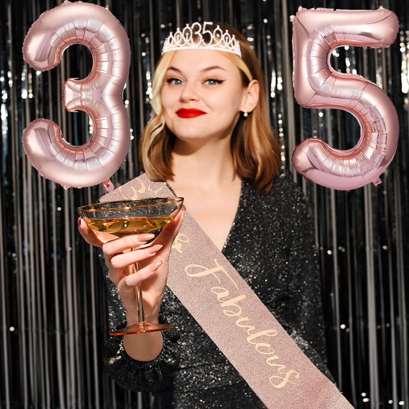 35th Birthday Decorations Gifts for Women, Including 35 year old Birthday Cake Topper, Queen Sash with Pearl Pin, Sweet Rhinestone Tiara Crown, Number Candles and Balloons Set, Rose Gold - Image 5