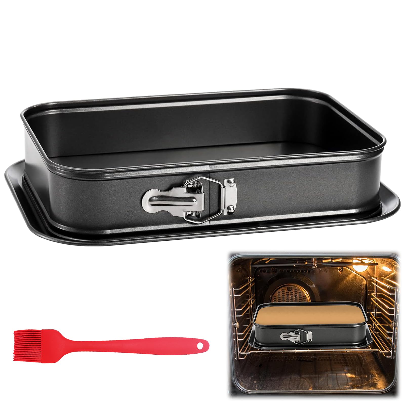 GAESHOW Stampo Apribile Rettangolare 33x23 cm, Tortiera Apribile, Teglia da Forno Rettangolare con Cerniera, Tortiera rettangolare Apribile, Fondo Salvagoccia, Acciaio al Carbonio, Nero
