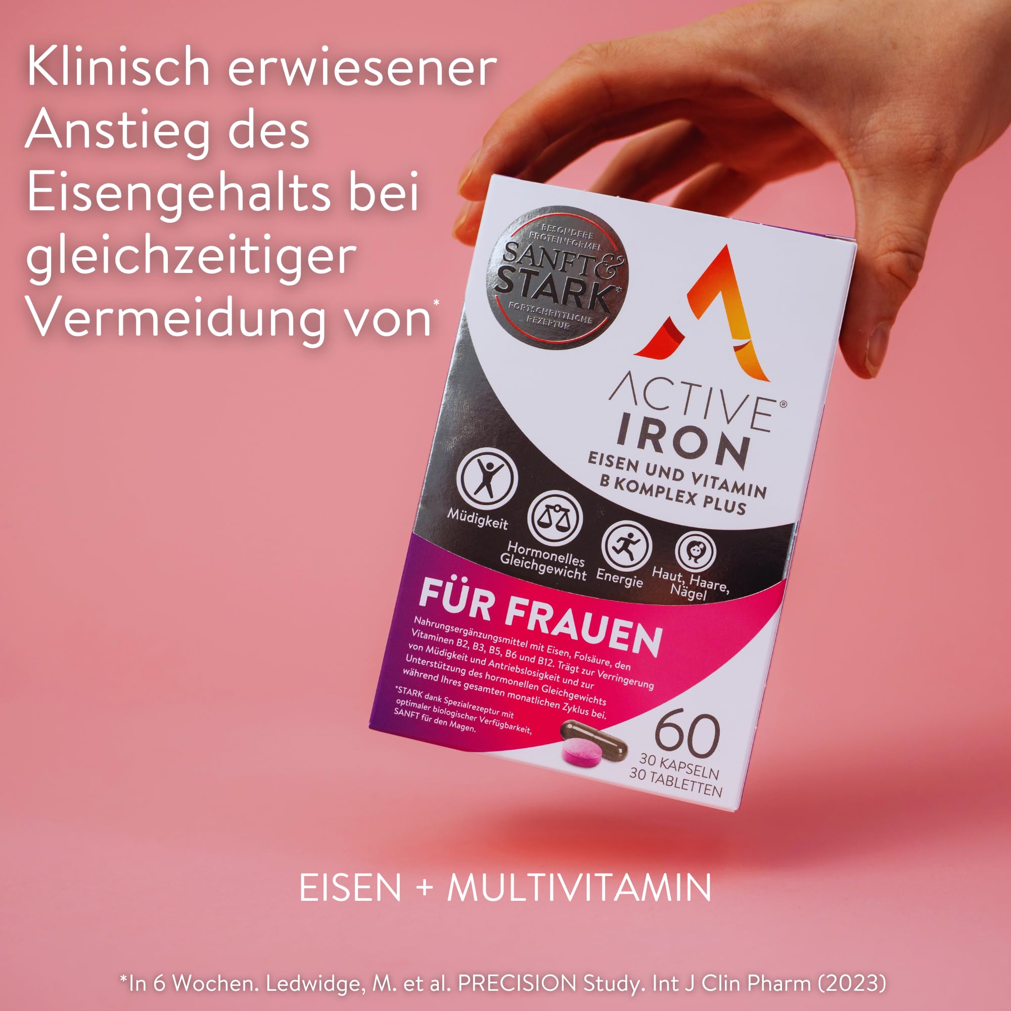Active Iron für Frauen, Eisen- und Multivitaminpräparat, 30 Eisenkapseln à 17 mg und 30 Multivitamintabletten, hochwirksame Vitamine B, nicht verstopfend, Vorrat für 1 Monat.