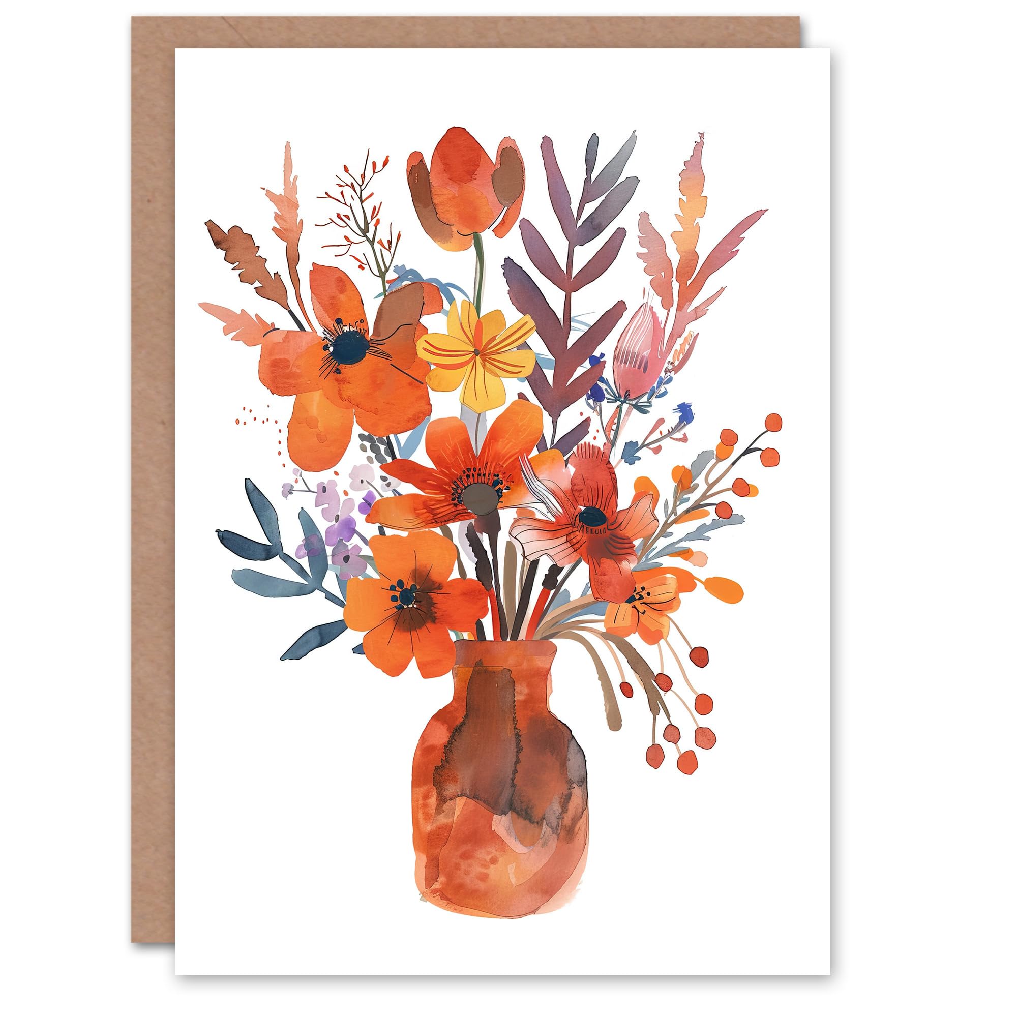 Artery8 Greeting Card Bright Autumnal Flower Bouquet Vase Watercolour For Her Woman Birthday Card