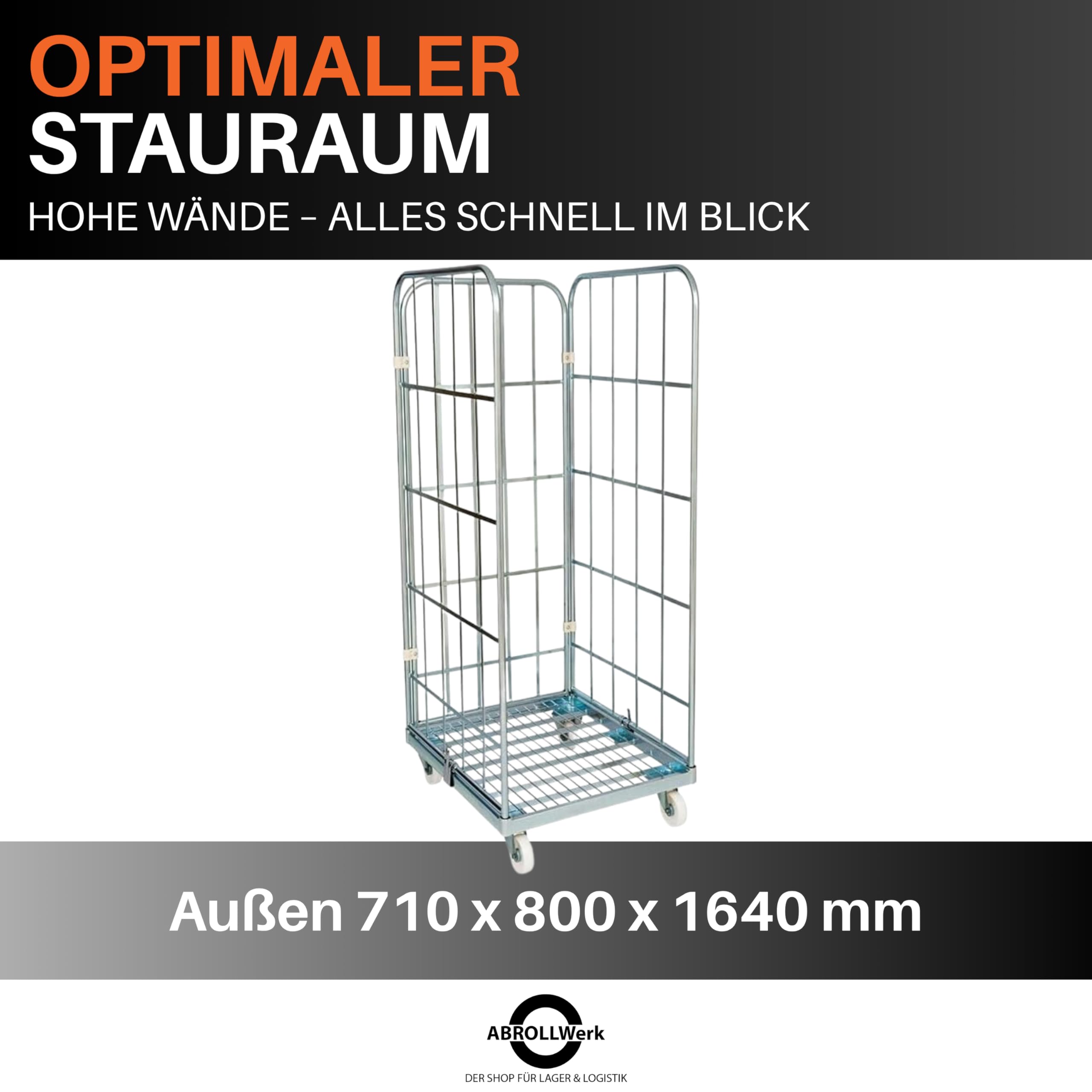 3-seitiger Stahlrollbehälter 1460 Metall - Abmessungen außen 710 x 800 x 1640 mm, Langlebig mit Korrosionsresistenter Cr 3-Beschichtung, Ideal für Lager, Logistik & Einzelhandel