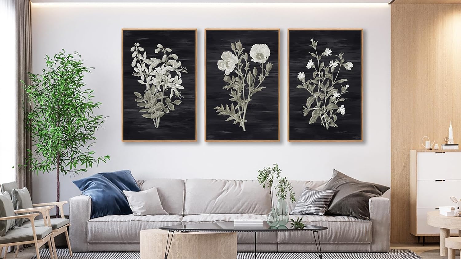 Large Botanical Wall Art for Living Room Natural Wood Float Framed Art Set of 3 Flowers Pictures Artwork Green Leaf Canvas Prints for Bedroom Kitchen Home Office Wall Decor 16"X24"X3