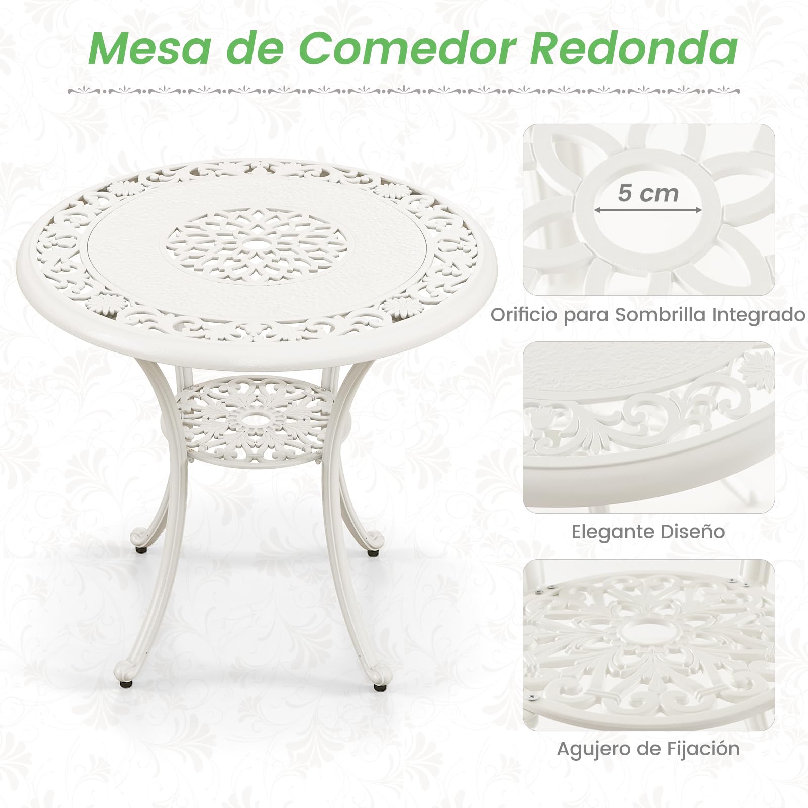 GIANTEX Conjunto de Mesa de Jardín 5 Piezas, Silla de Hierro Fundido de Aluminio, Mesa Bistro para 4 Personas, Agujero de Sombrilla Dia. 5 cm, para Terraza, Balcón