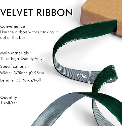 Miniatura 147 de Cinta de terciopelo caqui de 3/8 pulgadas, 25 yardas para árbol de Navidad, envoltura de regalos, ramo de flores, decoraciones de corona