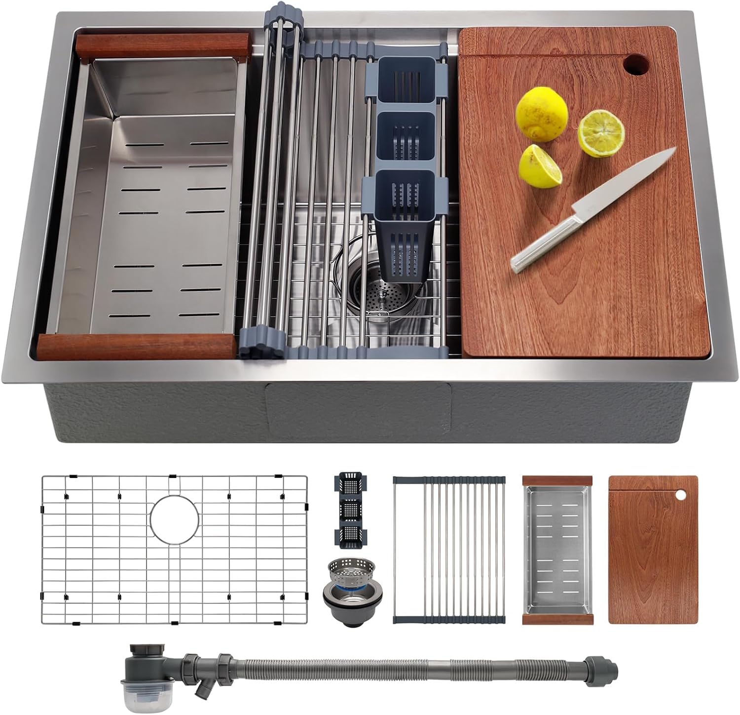 27 Inch Undermount Kitchen Sink with Quiet Drain - 11 Gauge Stainless Steel, Single Bowl - Multifunctional Handmade Modern Integrated Ledge Workstation Set - 27" x 19" x 10" Undermount Sink