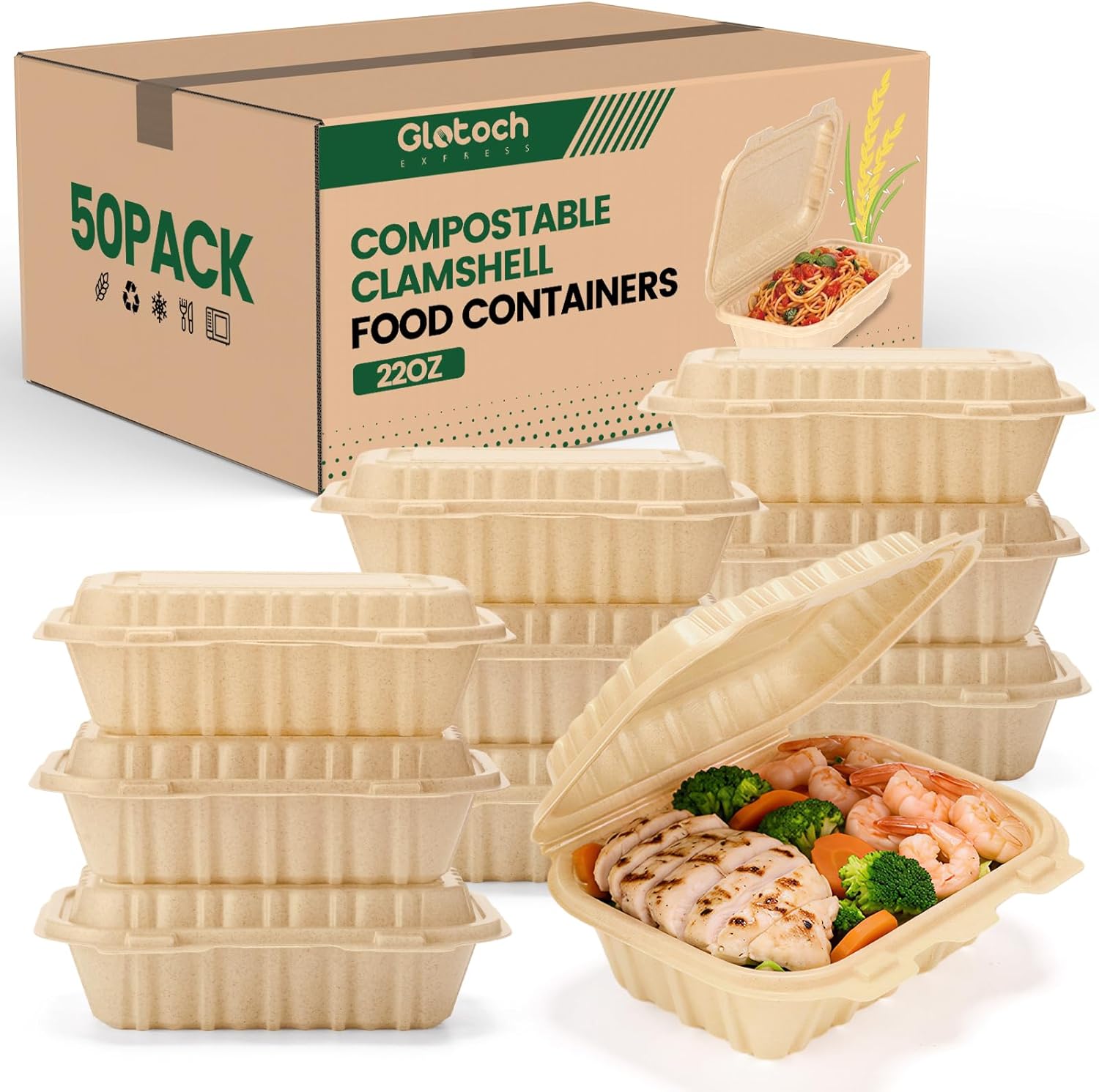 Clamshell Take Out Food Containers, 50 Pack-22oz Disposable Meal Prep Containers Natural Rice Husk Material Durable To Go Containers for Pasta Salad Snacks Taco Chinese Food Restaurants 8"X6"X2.5"