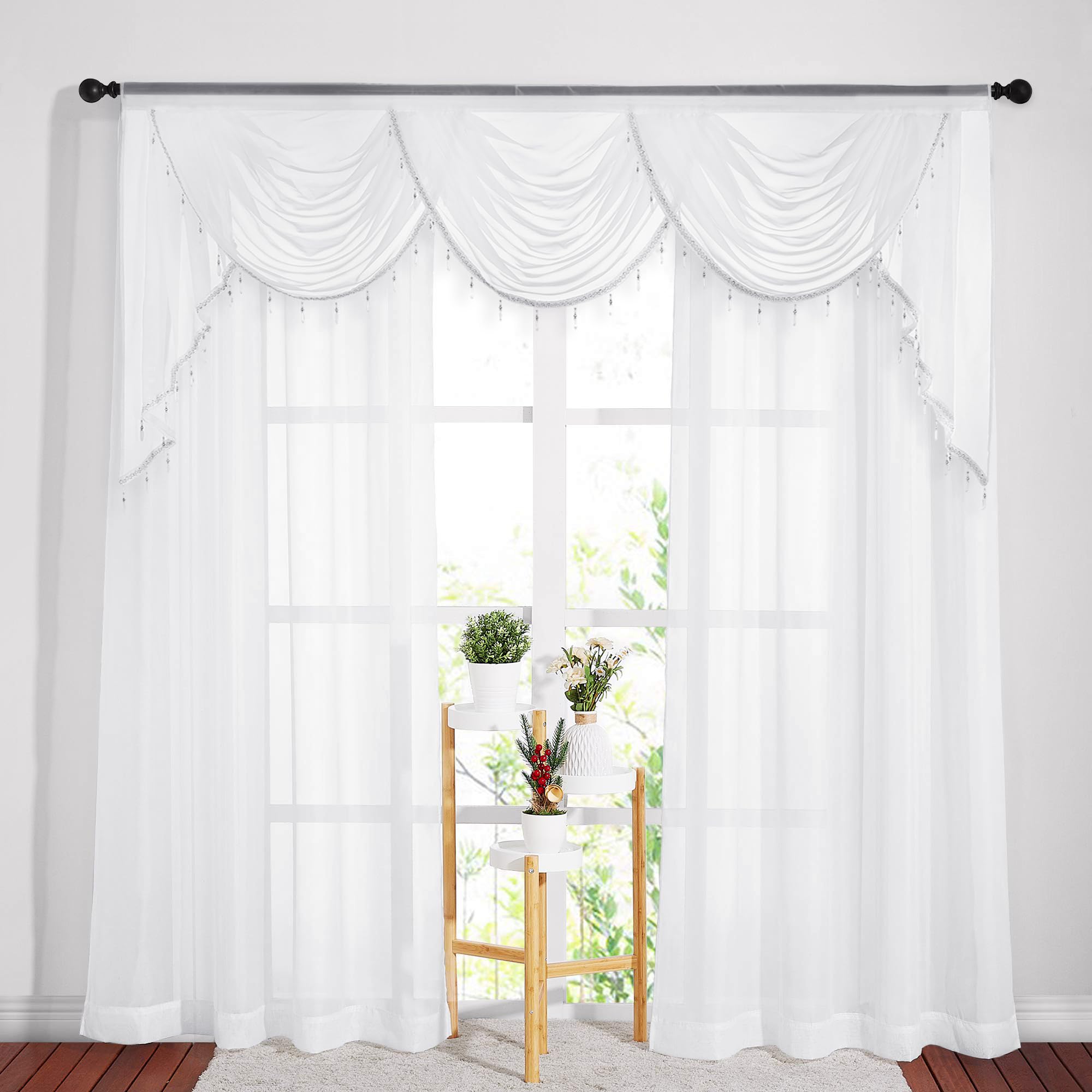 NICETOWN 2 Panels 54" x 90" Grommet White Sheer Curtains with 1 Piece Rod Pocket 79" x 40" White Waterfall Sheer Valance