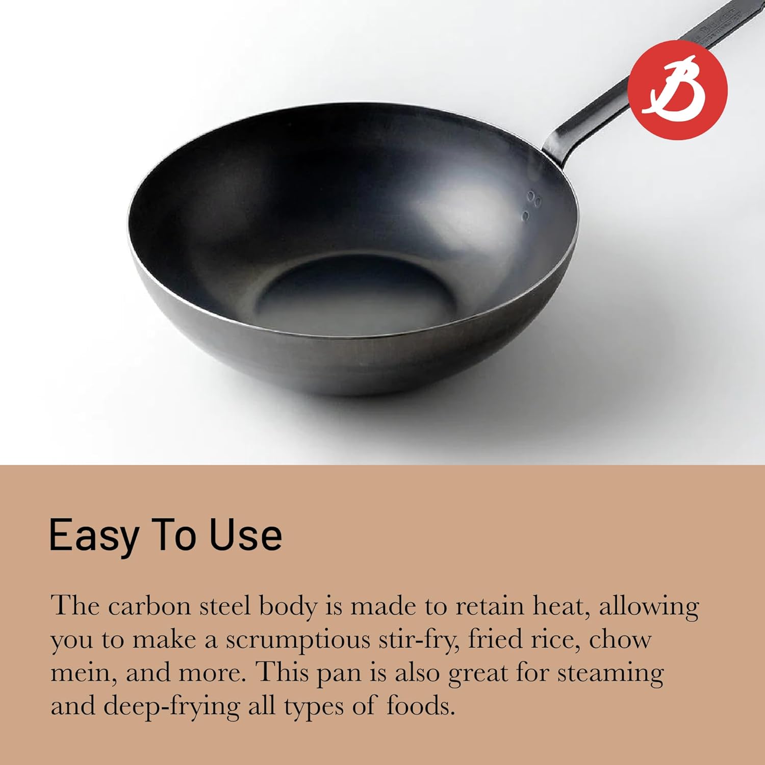 de Buyer - Blue Carbon Steel Wok Pan 2mm Thick - Access - 12.5” Diameter, 6” Cooking Surface - Oven Safe - Naturally Non-Stick Finish - Made in France