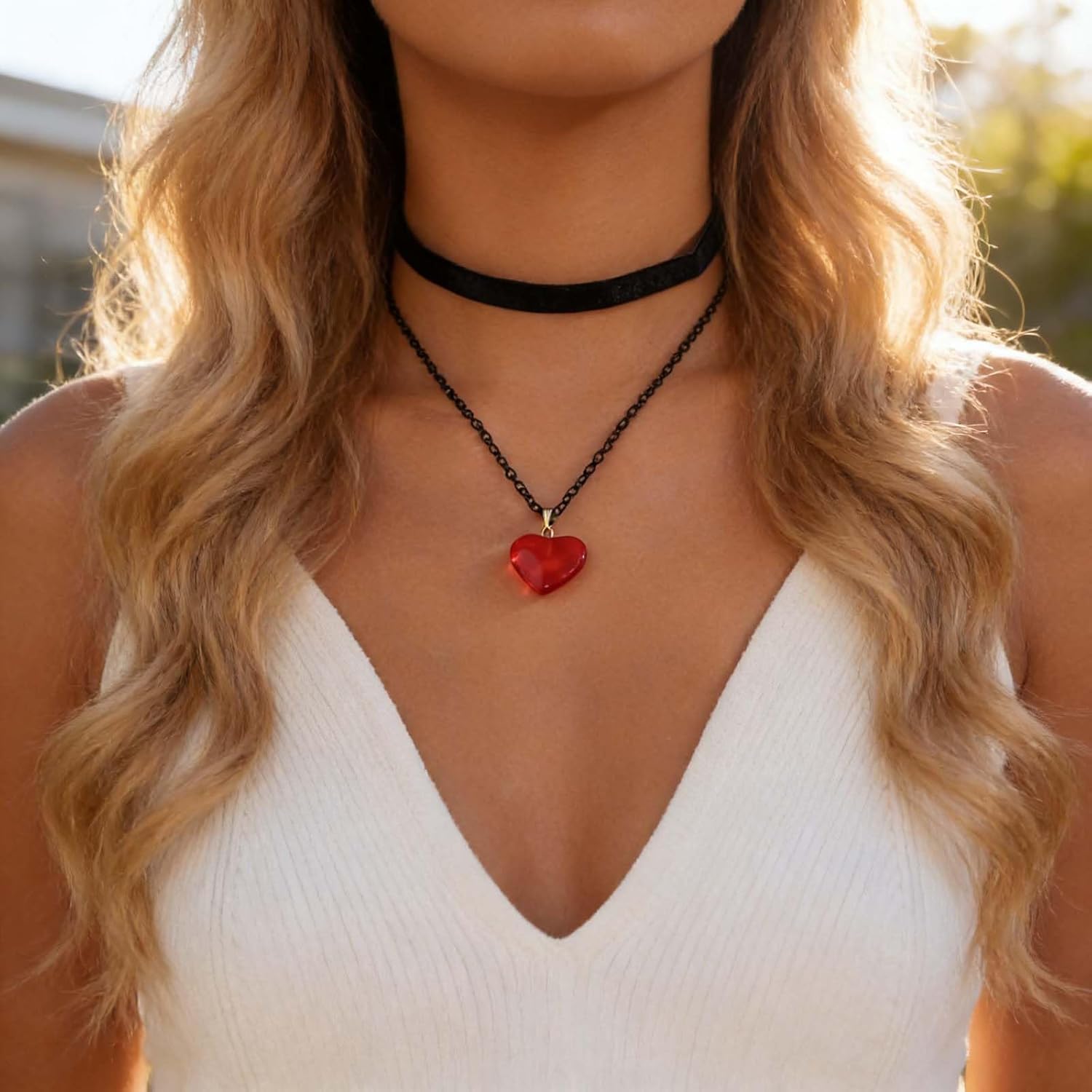 Boho Layered Velvet Choker Necklace Colorful Puffy Heart Chain Necklace Vintage Heart Pendant Necklace Gothic Black Satin Ribbon Collar Necklace Jewelry for Women - Image 2