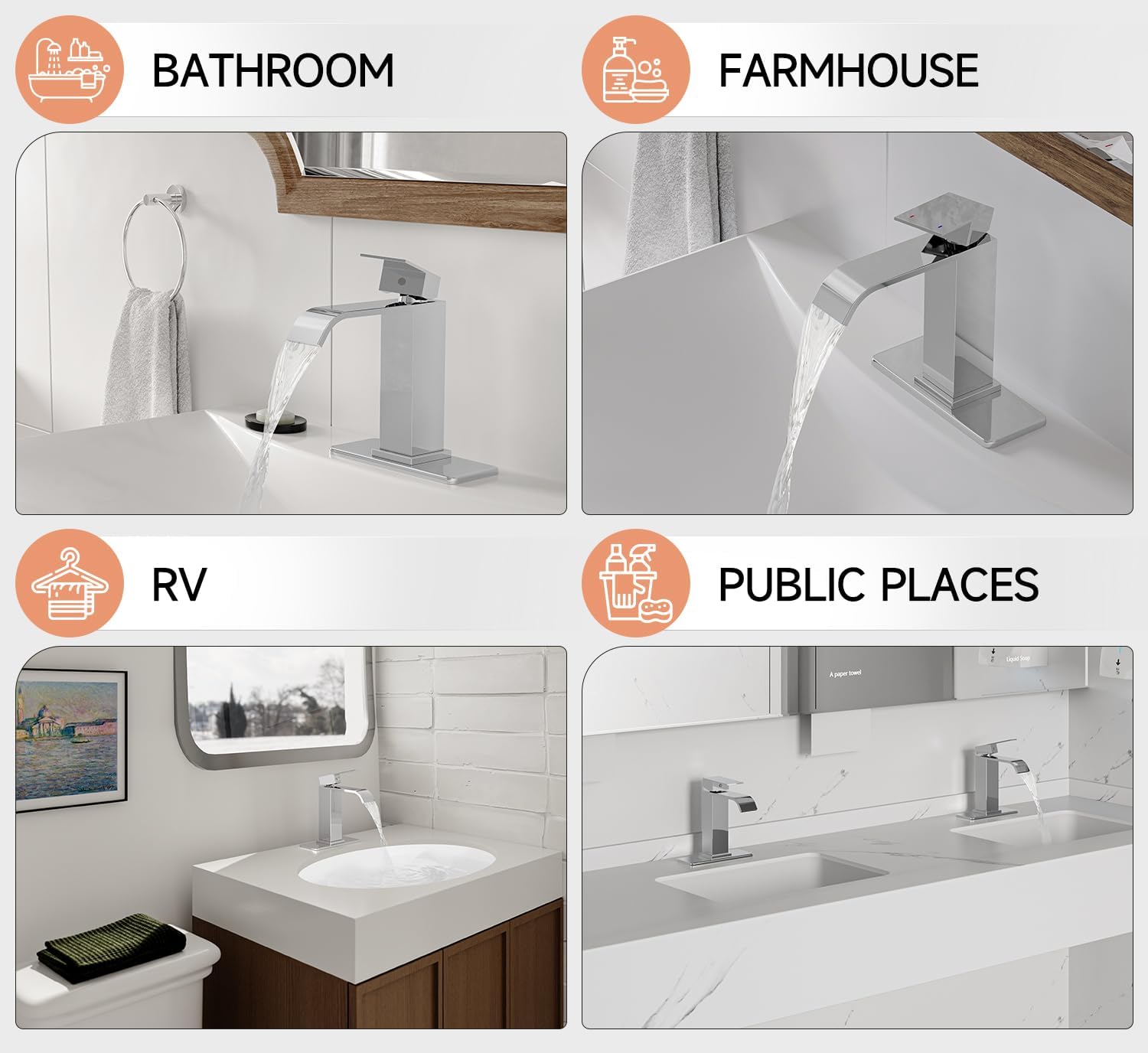 Chrome Bathroom Faucets, Evolvegoods Modern Waterfall Bathroom Faucet, Single Handle 1 or 3 Hole Bathroom Sink Faucet, RV Mixer Tap Vanity Faucet with Deck Plate, Pop-up Drain and Supply