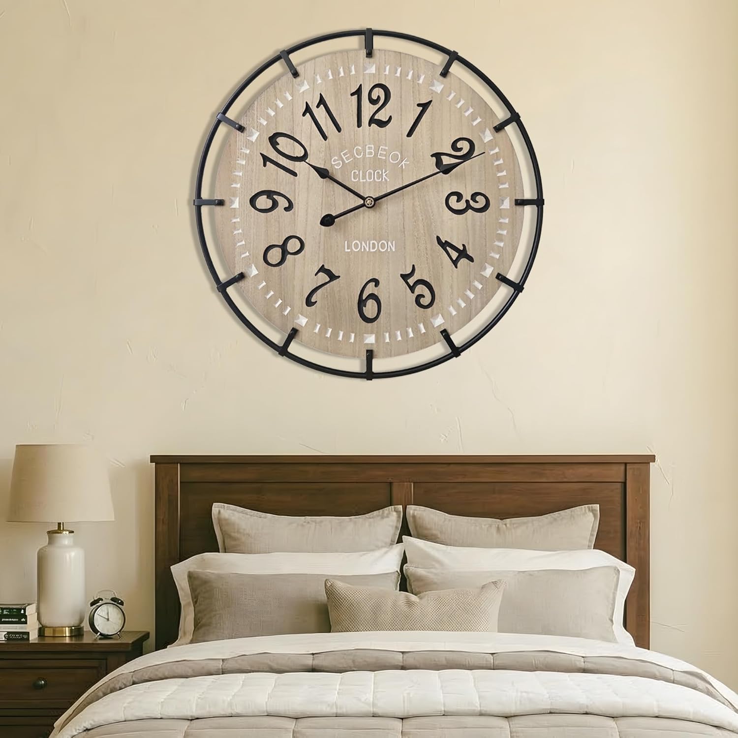 24 Inch Large Farmhouse Wall Clock, Metal Rustic Wood with Silent Quartz Movement, Easy Read Arabic Numerals, Battery Powered Round Decorative Wall Clock for Living Room Bedroom Kitchen Office