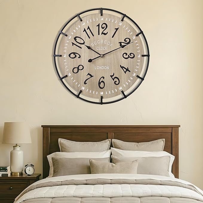 Reloj de Pared Grande 24 Pulgadas, Metal Rústico Madera, Movimiento Silencioso miniatura 6
