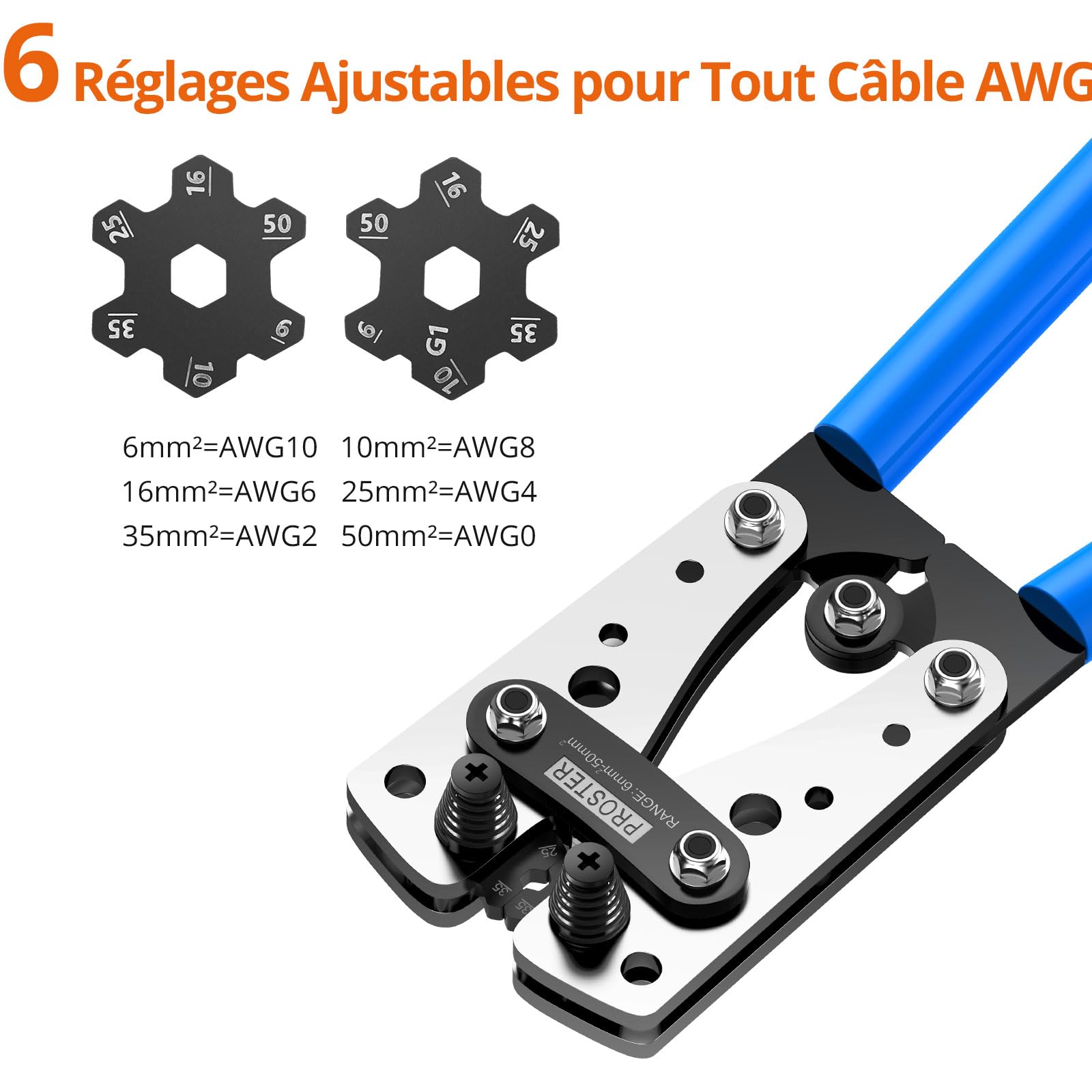 Proster Pince à Sertir Câble 6-50mm² Kit Sertissage Cuivre - Outil Sertir Cosse SC Cuivre Électrique avec 45 Cosses Épaisses - Pour Batterie Voiture Bricolage Installation Électrique
