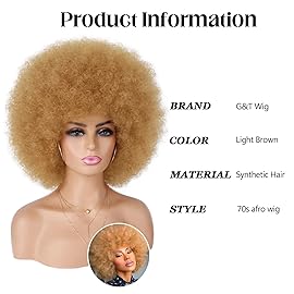 G&T Wig Afro Wigs for Black Women Light Brown Short Afro Kinky Curly Wig 70s Flutty Synthetic Large Puff Wigs for Cosplay Costume Party