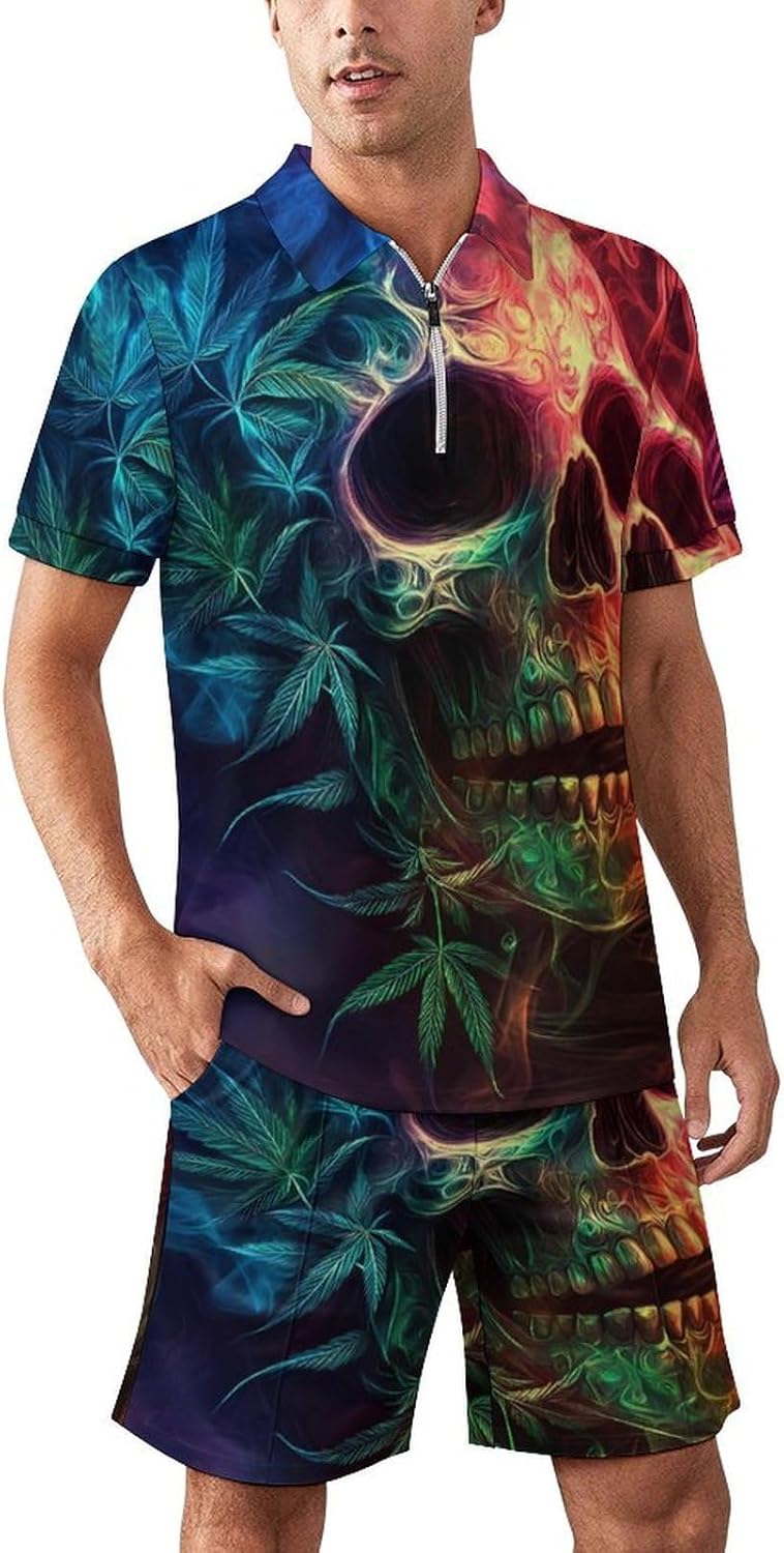 Skull Weed Leaf Smoke Mens Polo Shirts Track Suits 2 Piece Short Sleeve Sweatsuit 1/4 Zip Golf Loungewear for Sports