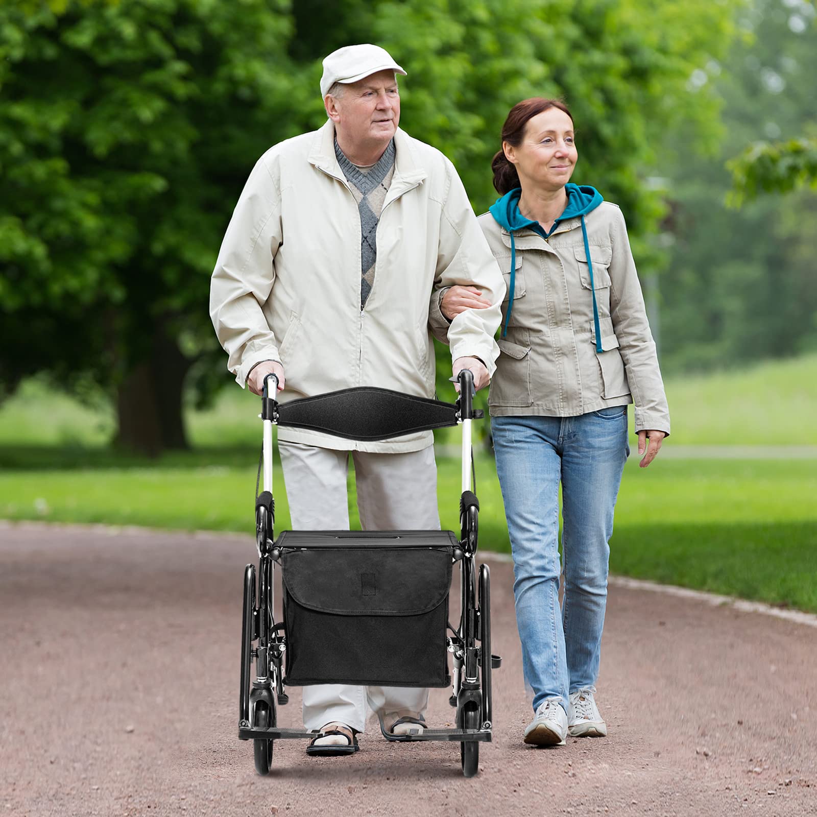 RELAX4LIFE 2-in-1 Rollstuhl Rollator Faltbar und Leicht mit Sitz, Rollatoren 6-fach höhenverstellbar, Leichtgewicht Reiserollator Aluminium, Gehhilfe mit Gummireifen, Tasche, Stockhalter (Schwarz)