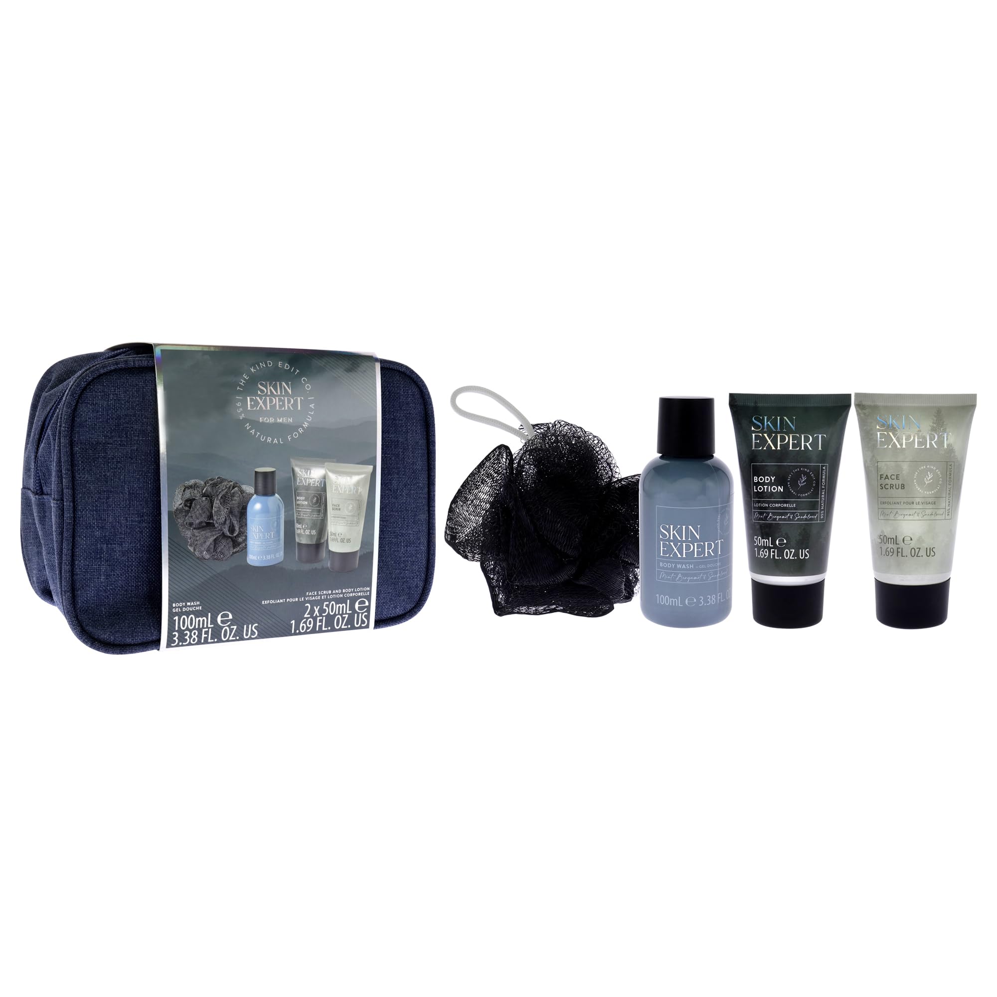 Skin Expert Travellers Bag by The Kind Edit Co for Men, 5 Pc 3.38oz Body Wash, 1.69oz Body Lotion, 1.69oz Face Scrub - Image 3