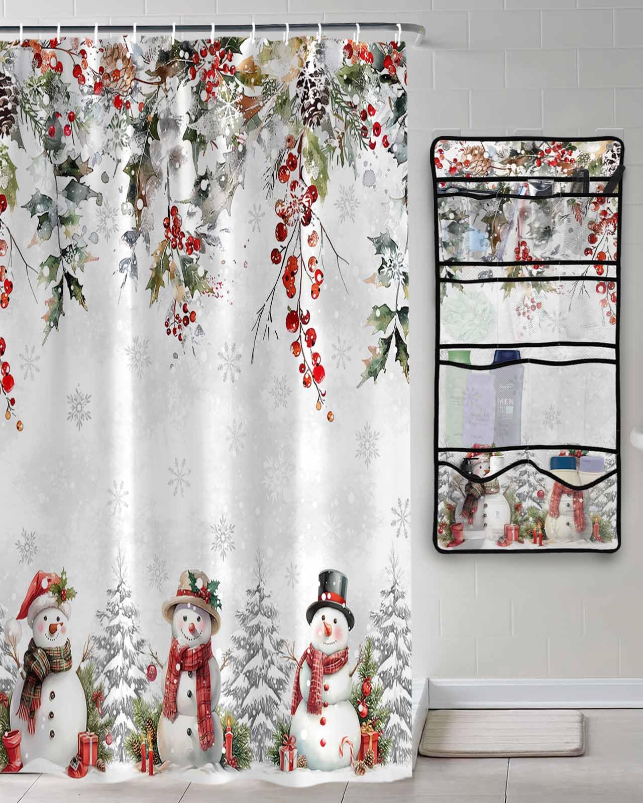 Decorative Shower Curtain Sets Christmas Snowman Polyester Fabric Waterproof Shower Curtains Winter Xmas Tree Berry Leaf Snowflake Mesh