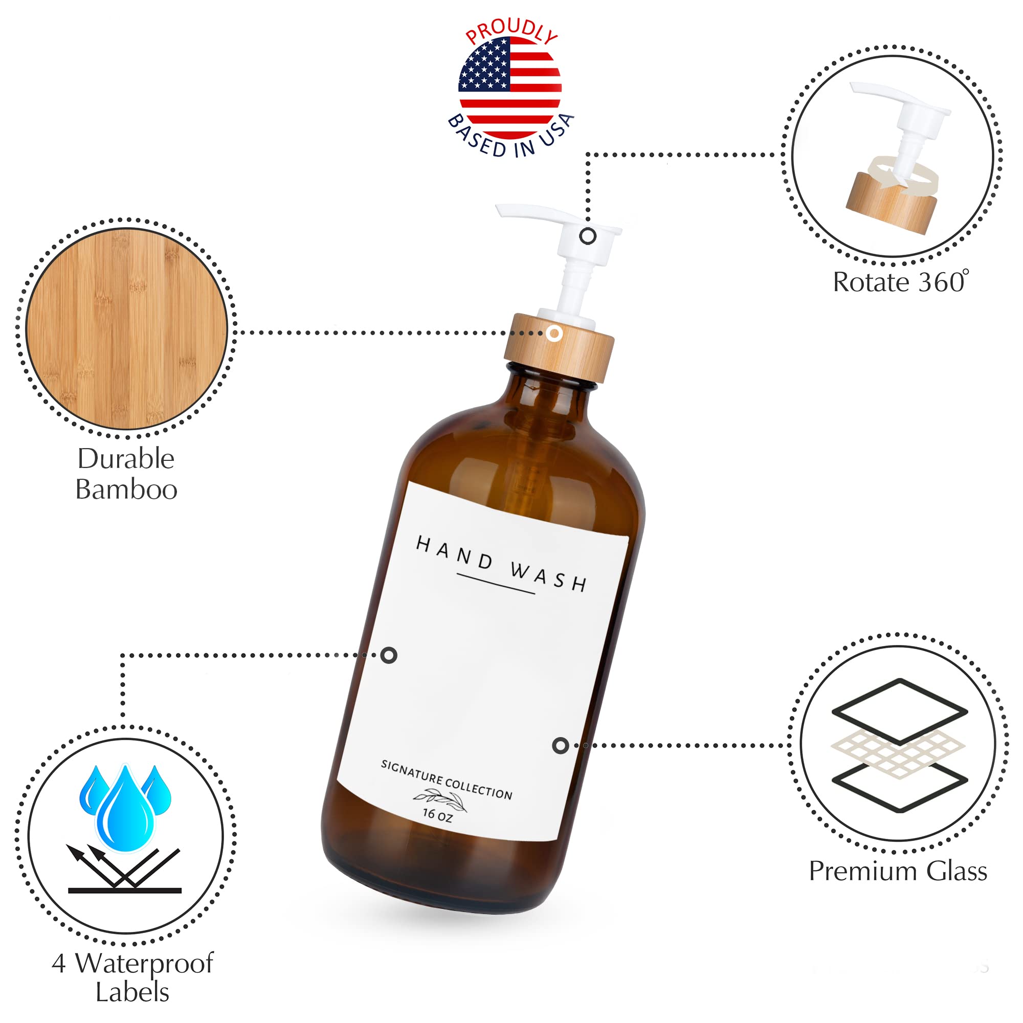 Emerson, dispenser di sapone per piatti, per cucina, set da bagno, dispenser di sapone per le mani, dispenser di sapone da cucina, dispenser di sapone in vetro con pompa ed etichette, 473,6 g