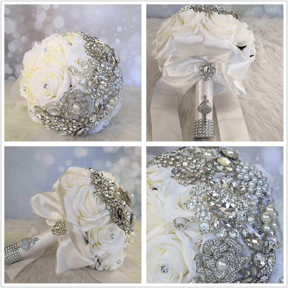 Abbie Home Luxury Wedding Bouquet Customization - Silk Rose Rhinestone Brooch Pearls Jewelry Decoration Multi Color Available