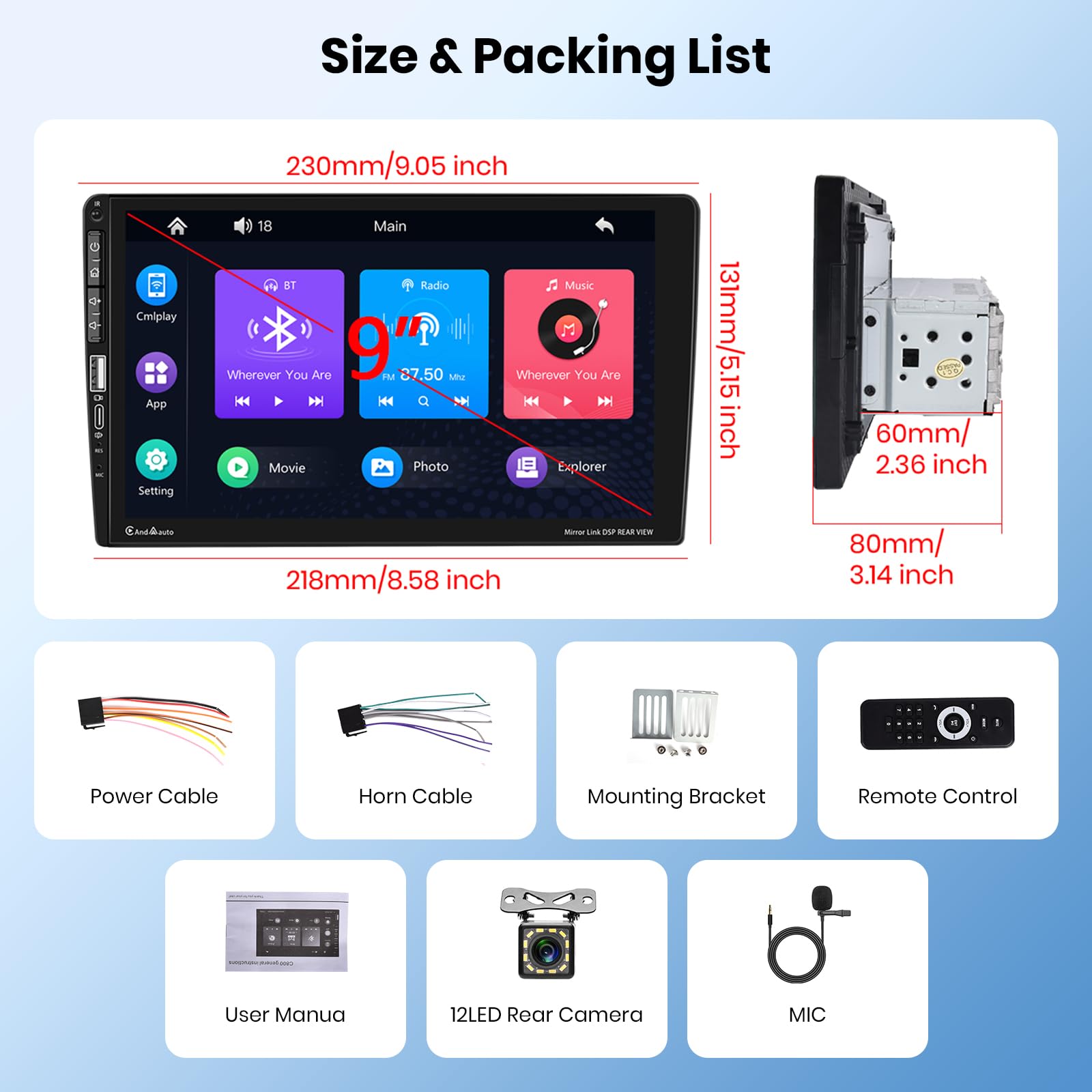 Autoradio 1 Din Con CarPlay E Android Auto - 9 Pollici Touchscreen, Bluetooth, Telecamera Posteriore, USB Tipo-C - Foto 12