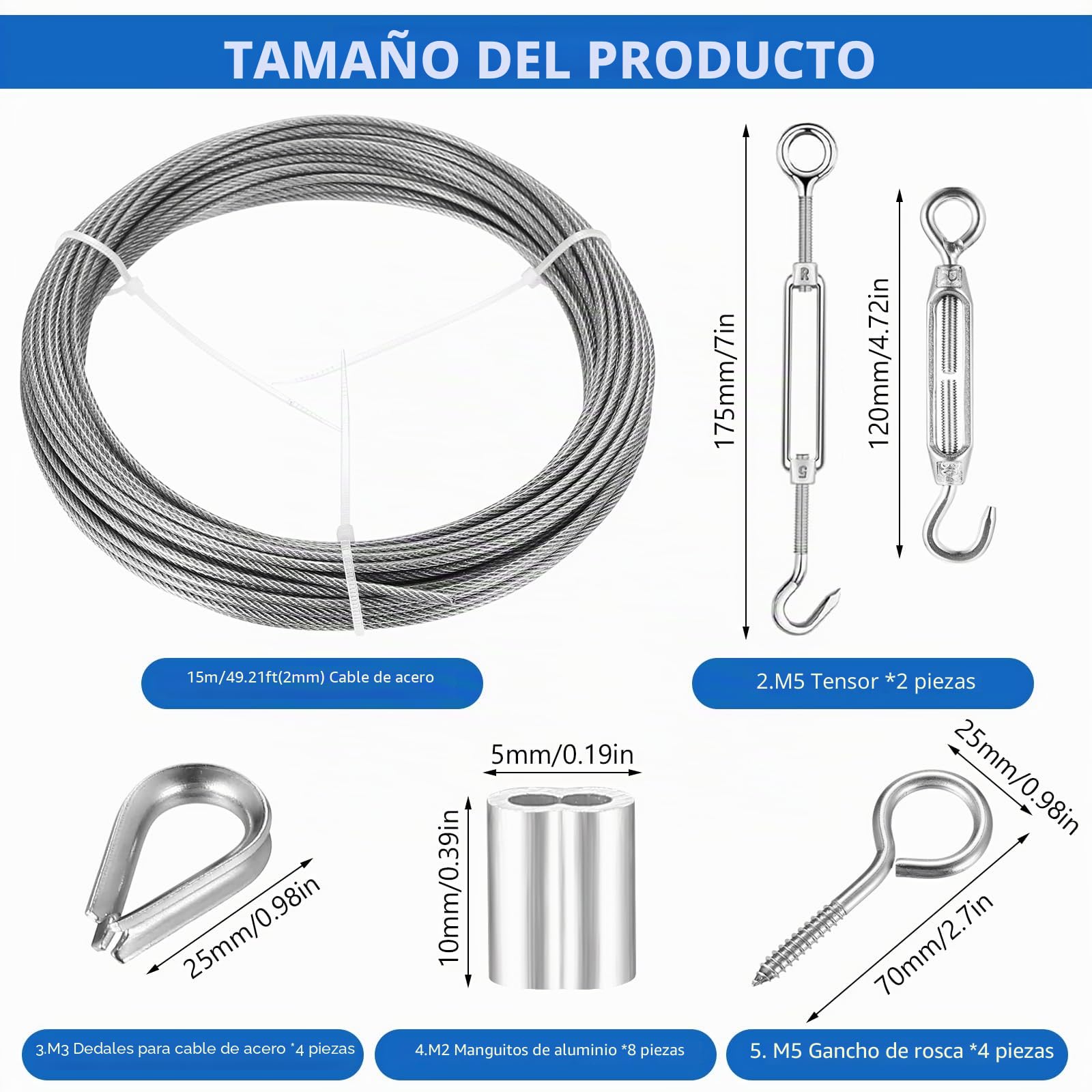 Cable de Acero Inoxidable 2mm x 15m Kit con Tensores para Jardín